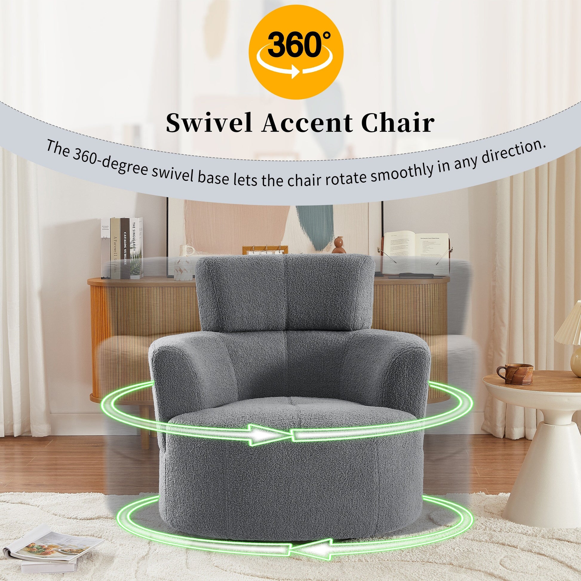 Chaise pivotante à 360°, chaise en forme de tonneau rembourrée avec repose-tête réglable, chaise de salon moderne et ronde pour salon.