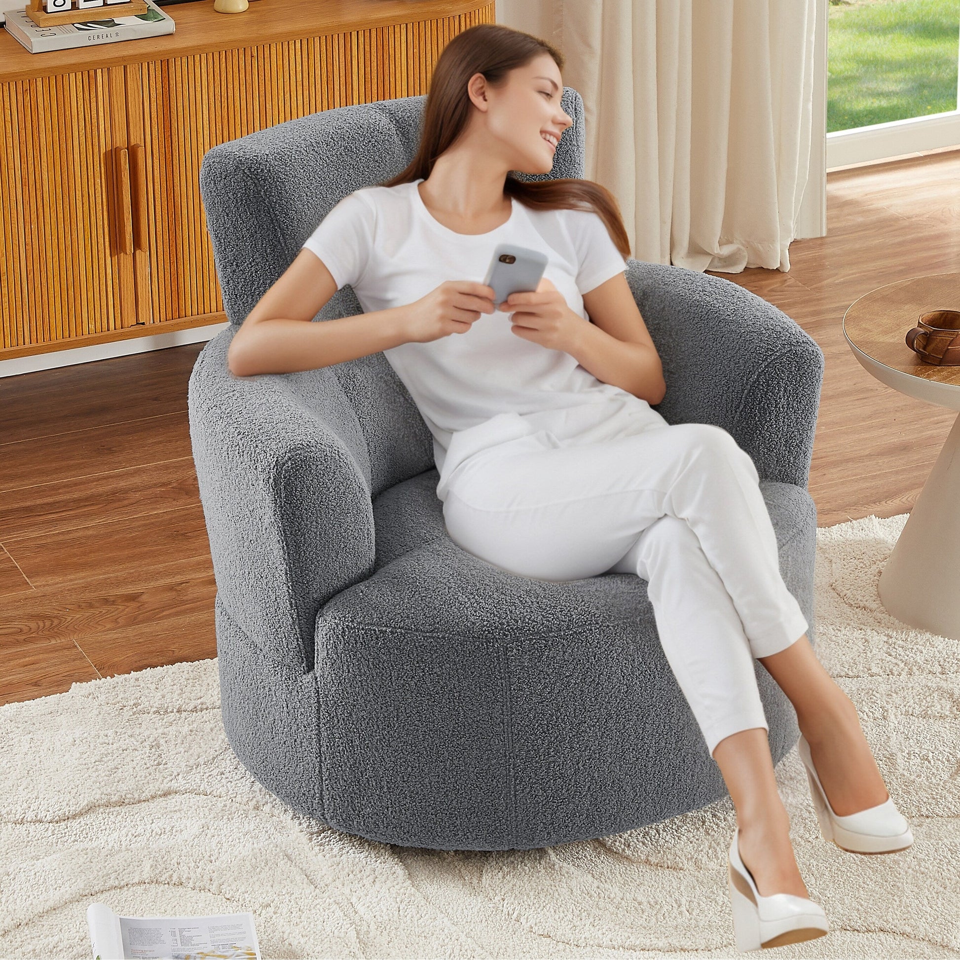 Chaise pivotante à 360°, chaise en forme de tonneau rembourrée avec repose-tête réglable, chaise de salon moderne et ronde pour salon.
