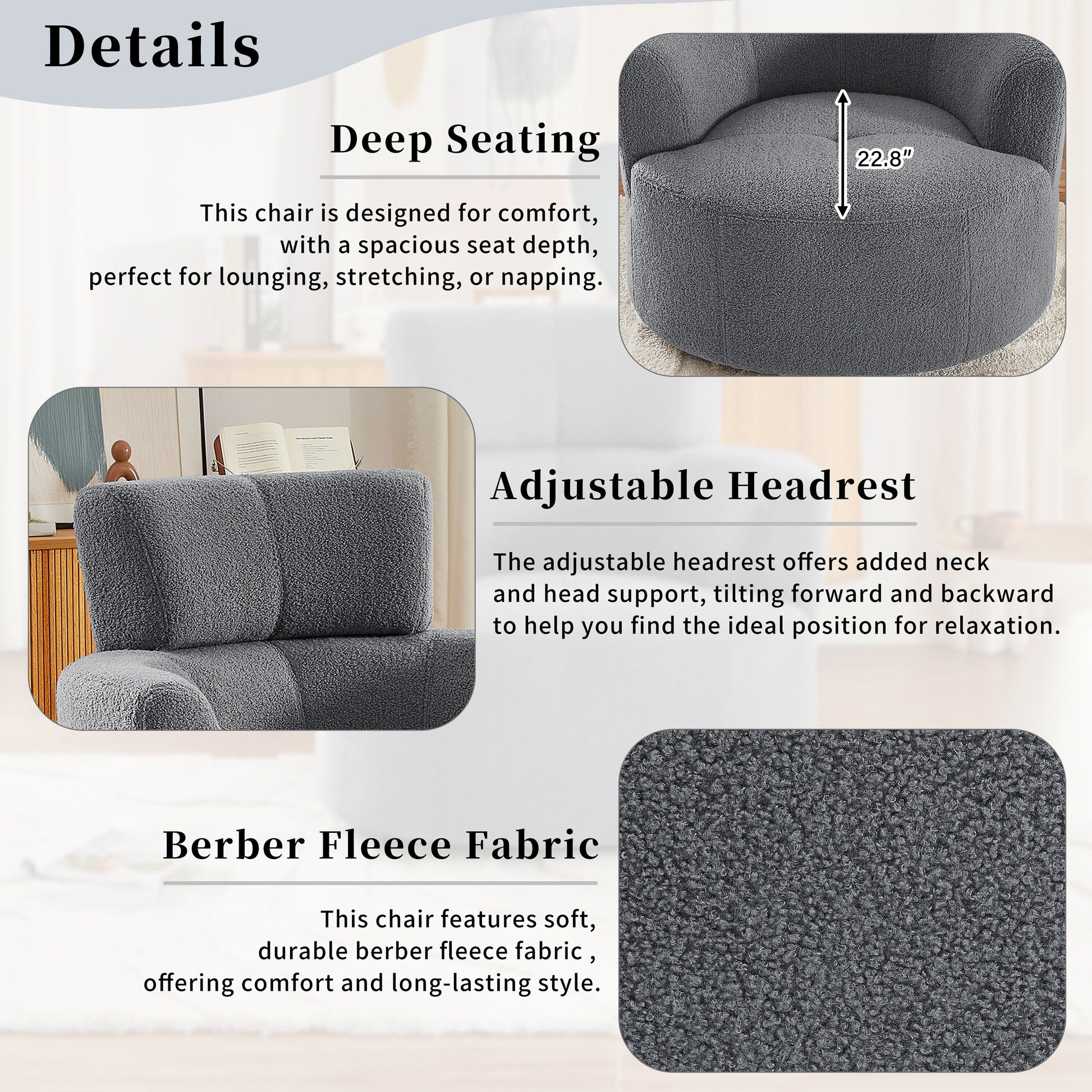 Chaise pivotante à 360°, chaise en forme de tonneau rembourrée avec repose-tête réglable, chaise de salon moderne et ronde pour salon.
