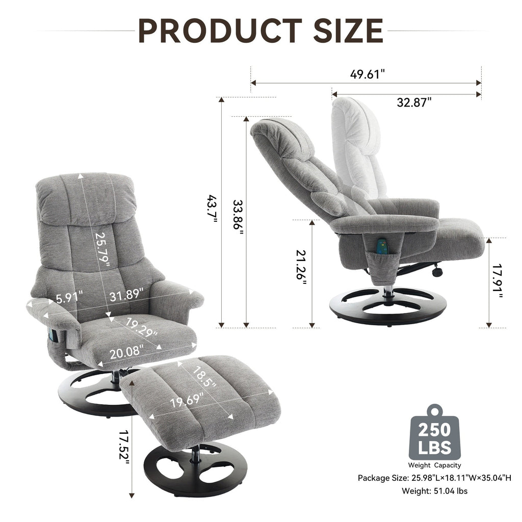 360° Swivel Ergonomic Recliner Chair with Ottoman, Adjustable Backrest, 5 Vibration Massage, Seat Heating, Chenille Fabric