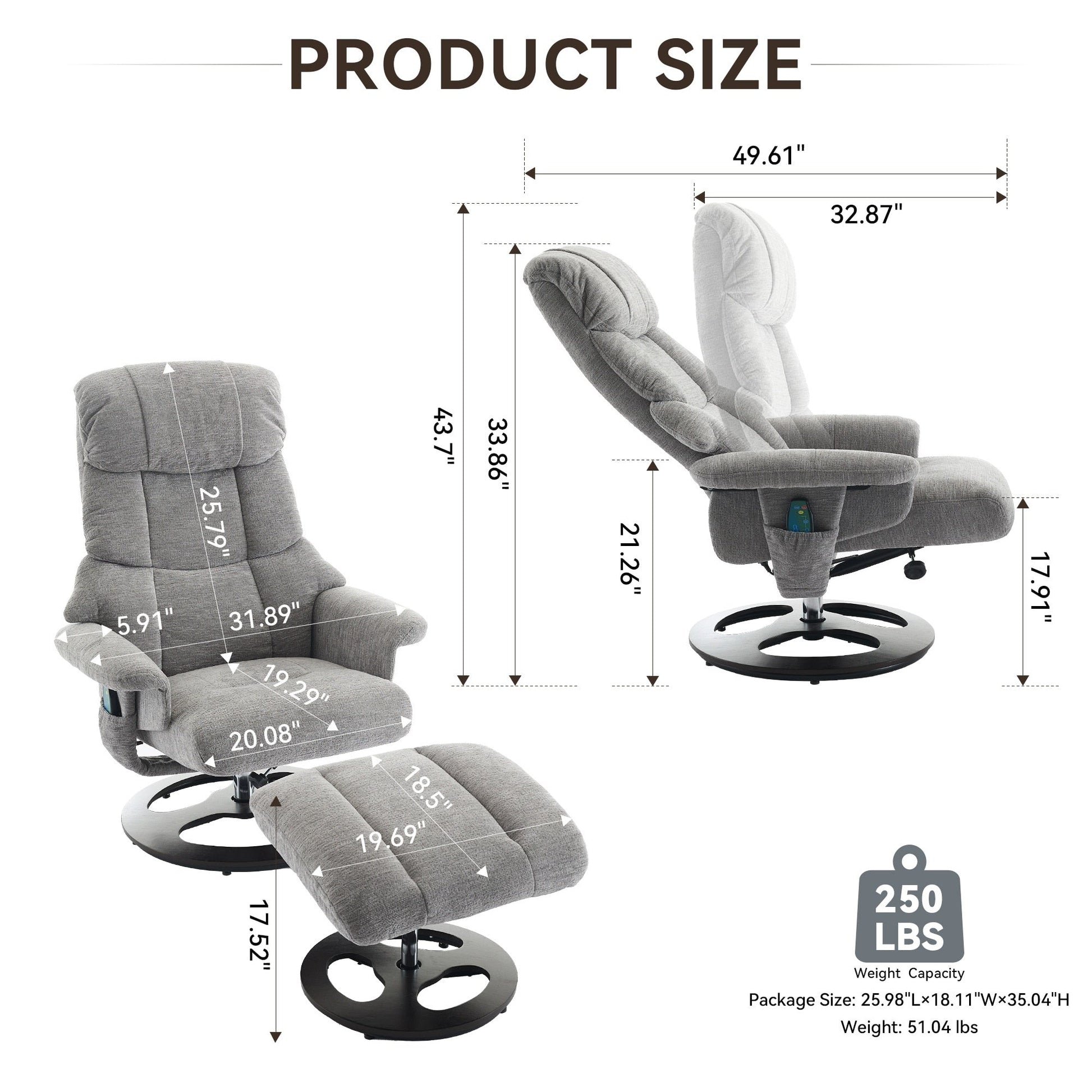 360° Swivel Ergonomic Recliner Chair with Ottoman, Adjustable Backrest, 5 Vibration Massage, Seat Heating, Chenille Fabric
