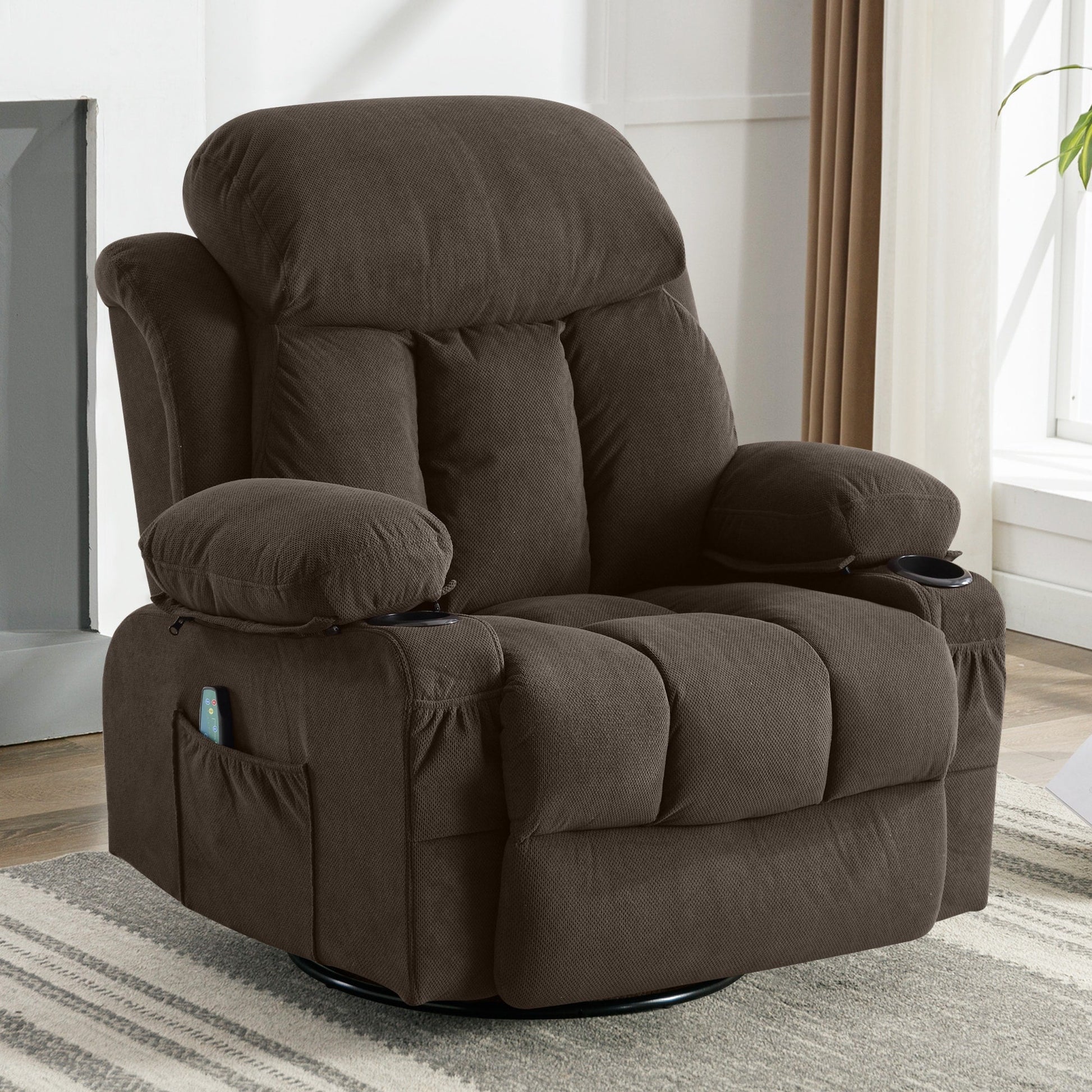 Fauteuil inclinable chauffant et massant pivotant à 360°, avec prise USB, porte-gobelets, rangement latéral et revêtement en polaire moelleux.