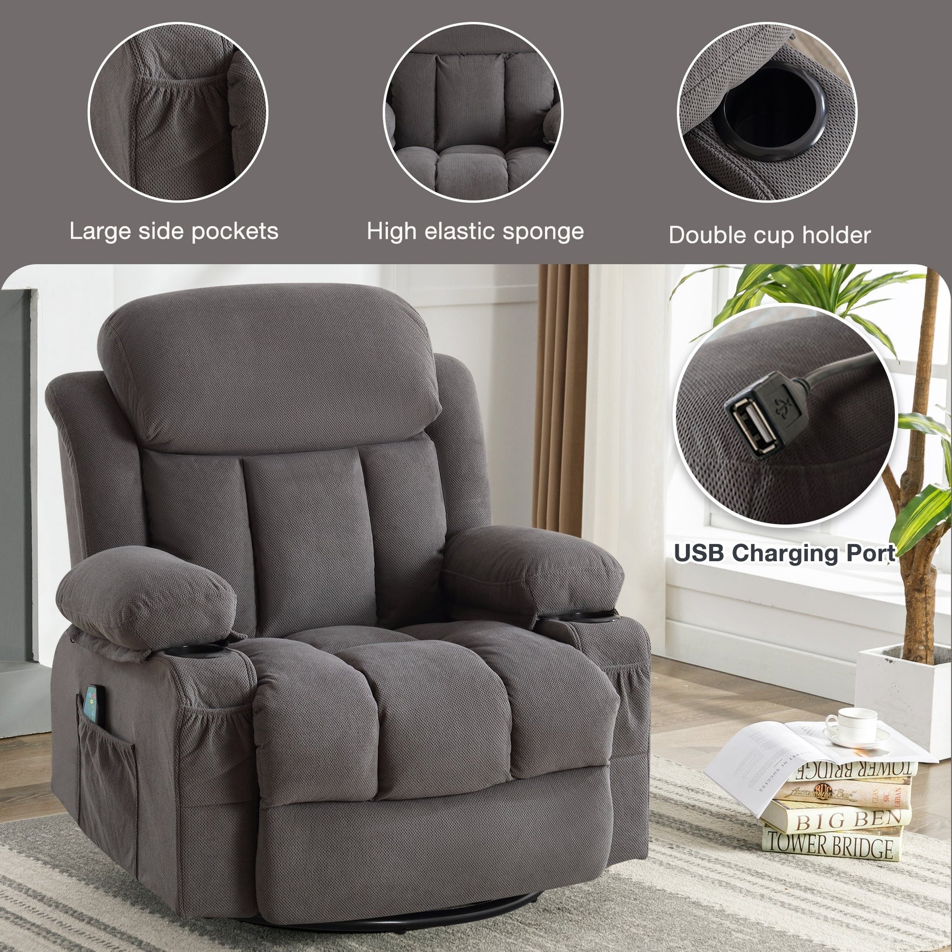 Fauteuil inclinable chauffant et massant pivotant à 360°, avec prise USB, porte-gobelets, rangement latéral et revêtement en polaire moelleux.