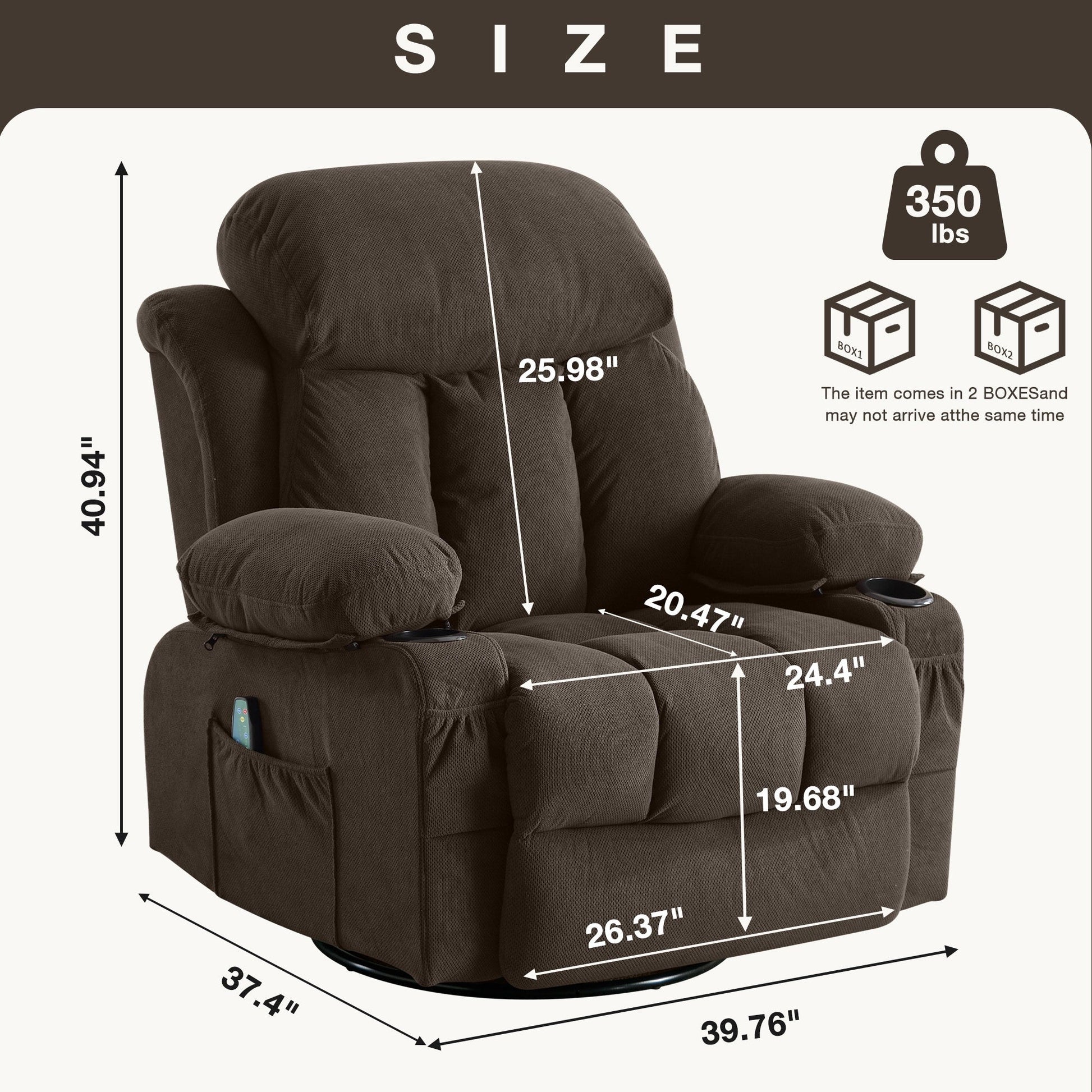 Fauteuil inclinable chauffant et massant pivotant à 360°, avec prise USB, porte-gobelets, rangement latéral et revêtement en polaire moelleux.