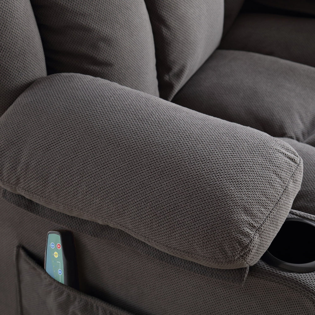Fauteuil inclinable chauffant et massant pivotant à 360°, avec prise USB, porte-gobelets, rangement latéral et revêtement en polaire moelleux.