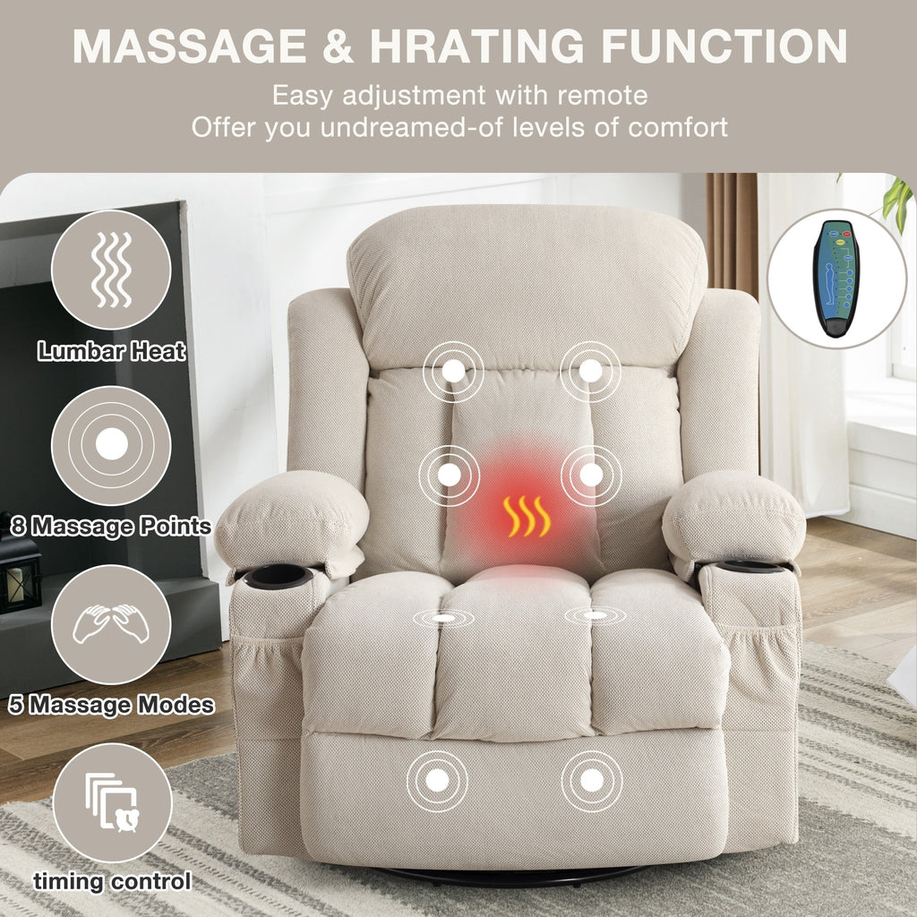 Fauteuil inclinable chauffant et massant pivotant à 360°, avec prise USB, porte-gobelets, rangement latéral et revêtement en polaire moelleux.