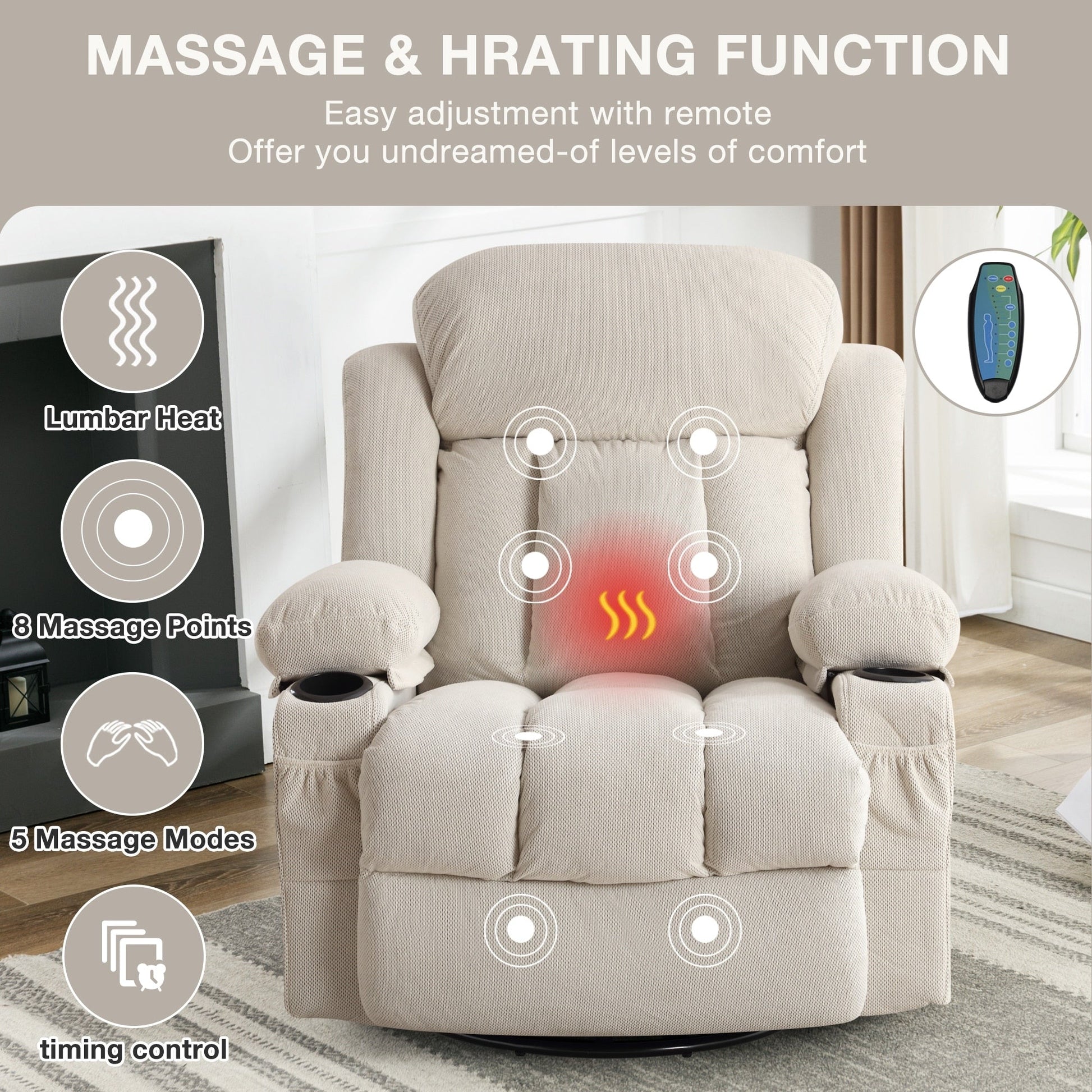 Fauteuil inclinable chauffant et massant pivotant à 360°, avec prise USB, porte-gobelets, rangement latéral et revêtement en polaire moelleux.