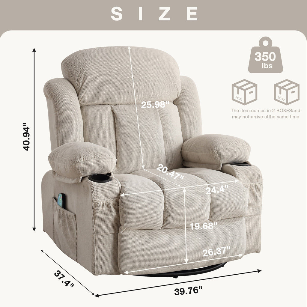Fauteuil inclinable chauffant et massant pivotant à 360°, avec prise USB, porte-gobelets, rangement latéral et revêtement en polaire moelleux.