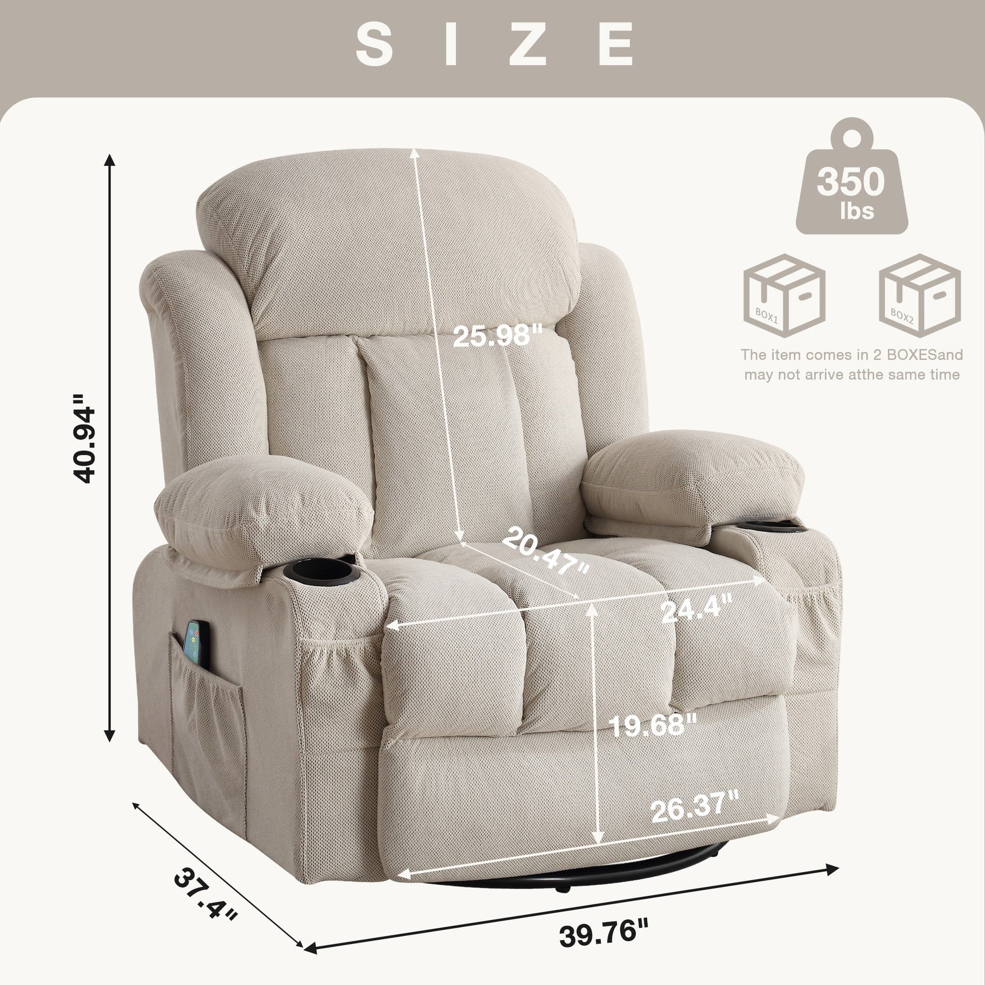 Fauteuil inclinable chauffant et massant pivotant à 360°, avec prise USB, porte-gobelets, rangement latéral et revêtement en polaire moelleux.