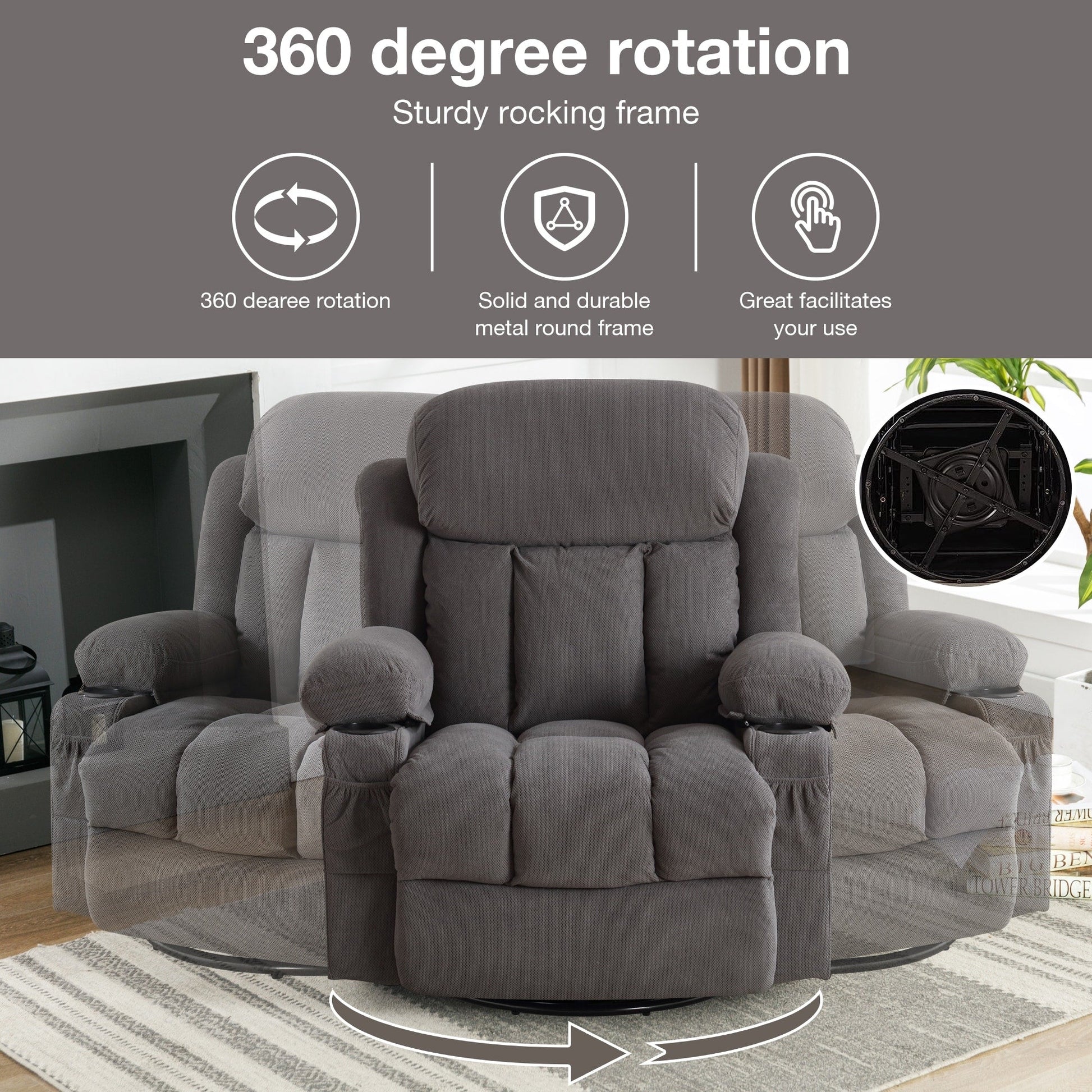 Fauteuil inclinable chauffant et massant pivotant à 360°, avec prise USB, porte-gobelets, rangement latéral et revêtement en polaire moelleux.