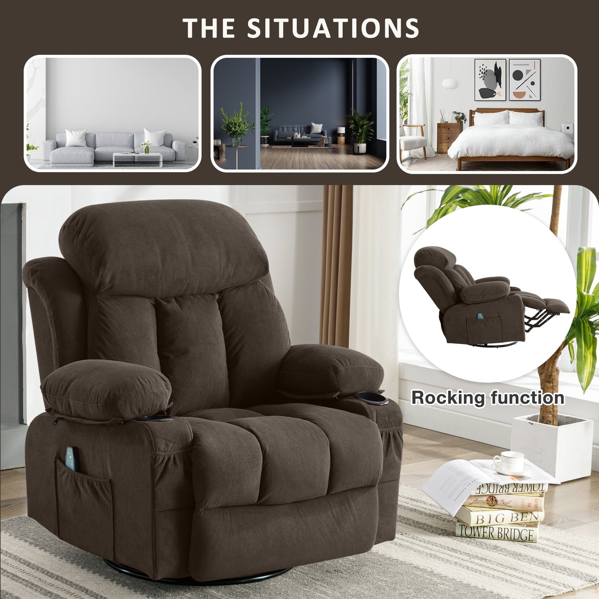 Fauteuil inclinable chauffant et massant pivotant à 360°, avec prise USB, porte-gobelets, rangement latéral et revêtement en polaire moelleux.