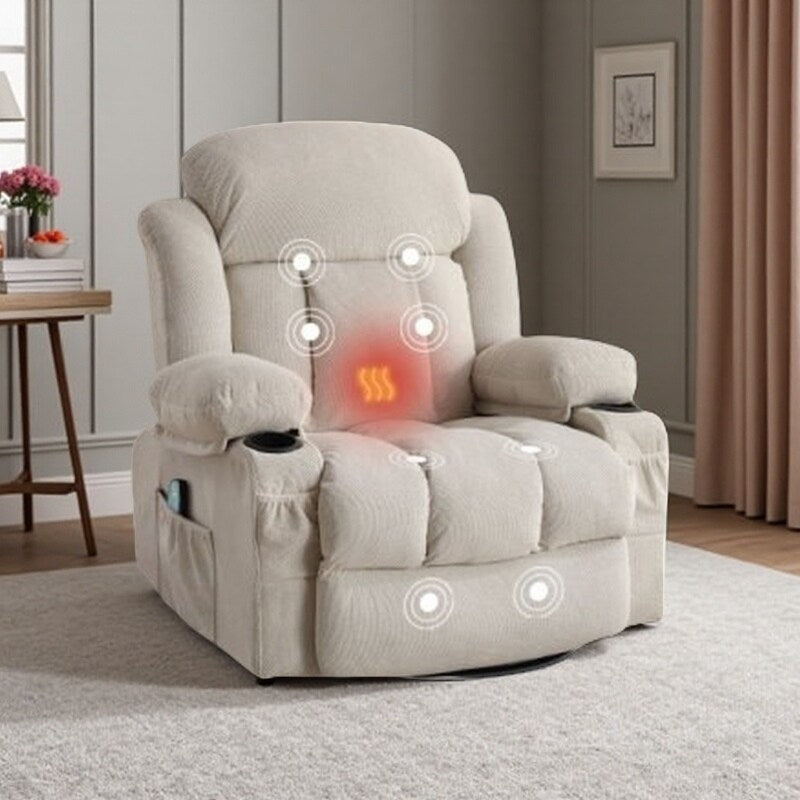 Fauteuil inclinable chauffant et massant pivotant à 360°, avec prise USB, porte-gobelets, rangement latéral et revêtement en polaire moelleux.
