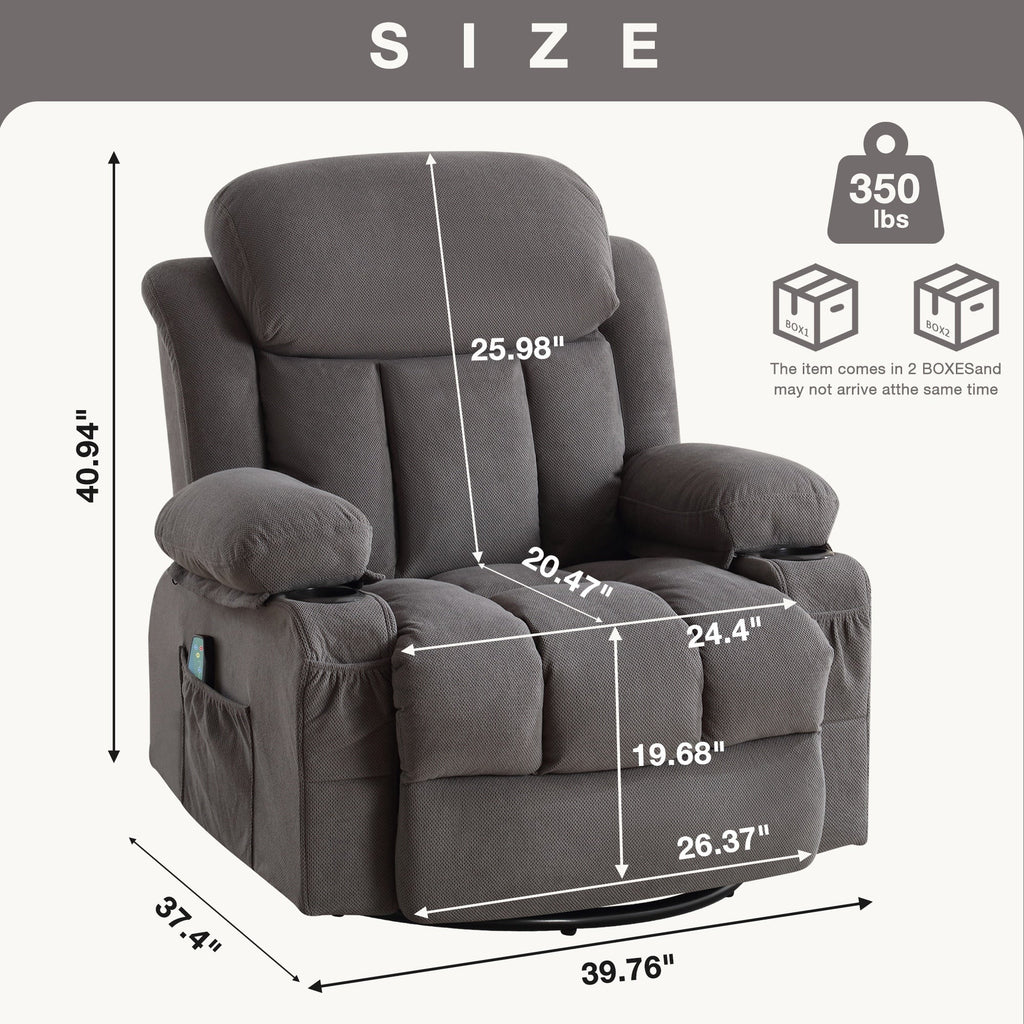 Fauteuil inclinable chauffant et massant pivotant à 360°, avec prise USB, porte-gobelets, rangement latéral et revêtement en polaire moelleux.