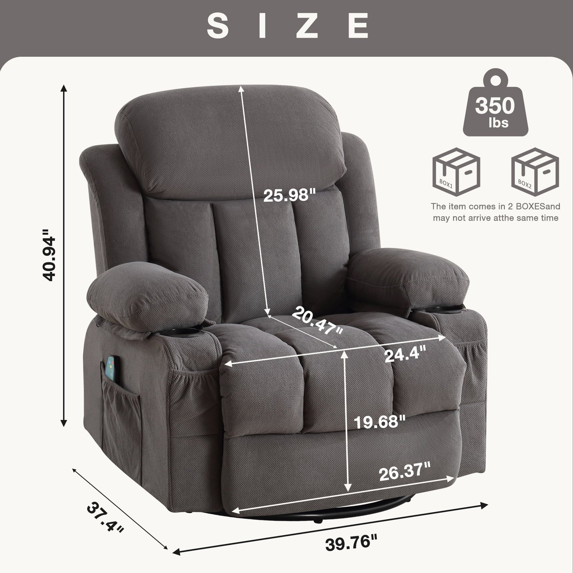 Fauteuil inclinable chauffant et massant pivotant à 360°, avec prise USB, porte-gobelets, rangement latéral et revêtement en polaire moelleux.