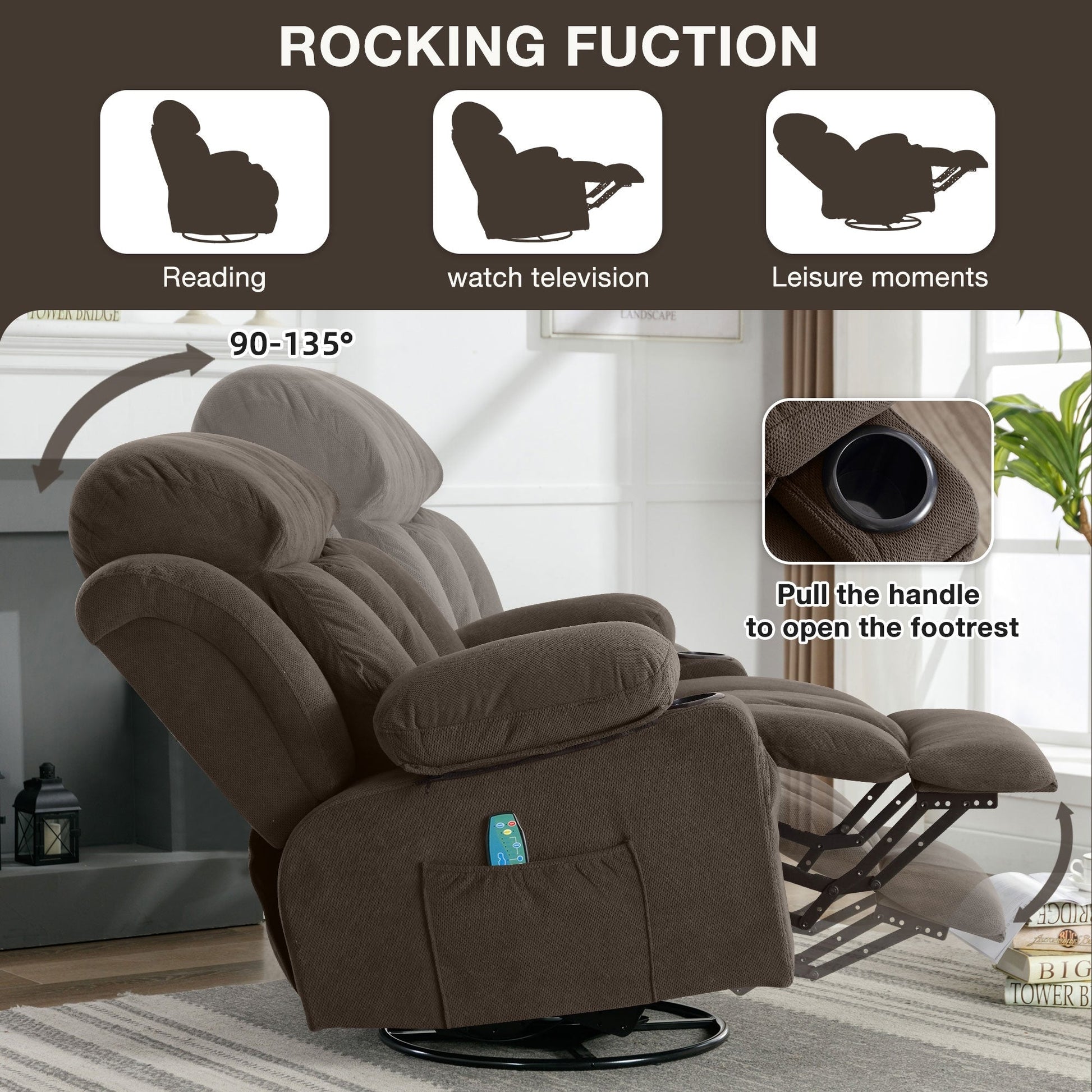 Fauteuil inclinable chauffant et massant pivotant à 360°, avec prise USB, porte-gobelets, rangement latéral et revêtement en polaire moelleux.