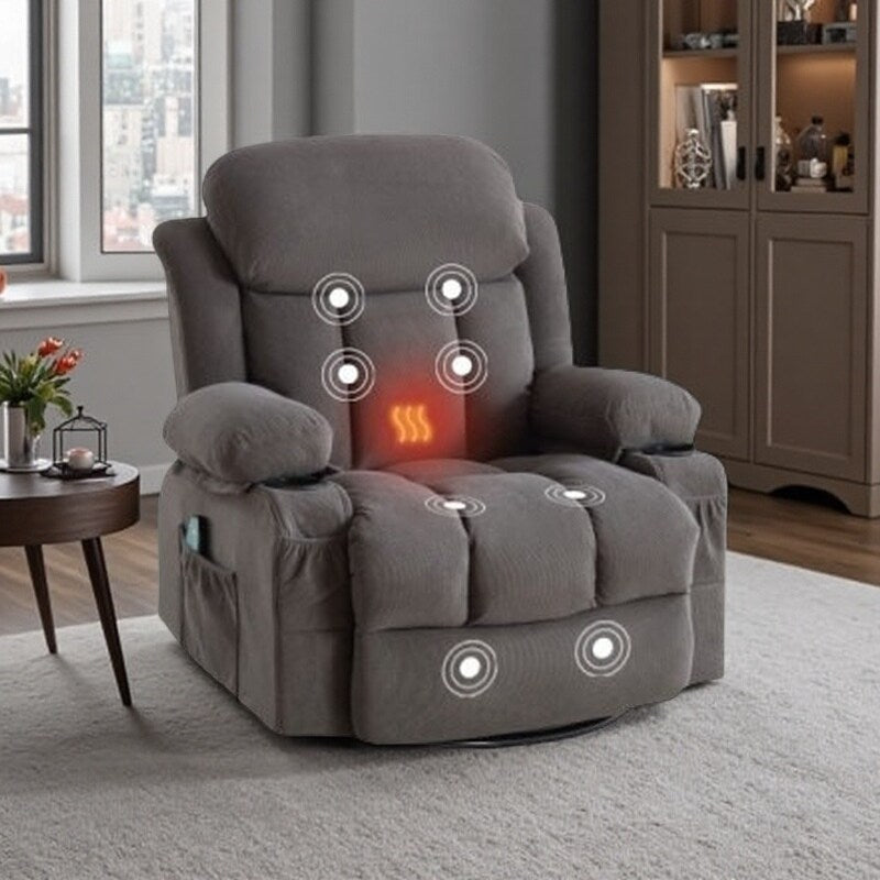 Fauteuil inclinable chauffant et massant pivotant à 360°, avec prise USB, porte-gobelets, rangement latéral et revêtement en polaire moelleux.