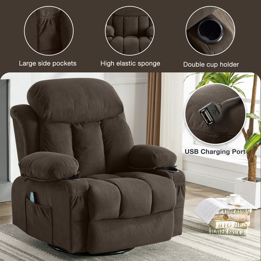 Fauteuil inclinable chauffant et massant pivotant à 360°, avec prise USB, porte-gobelets, rangement latéral et revêtement en polaire moelleux.