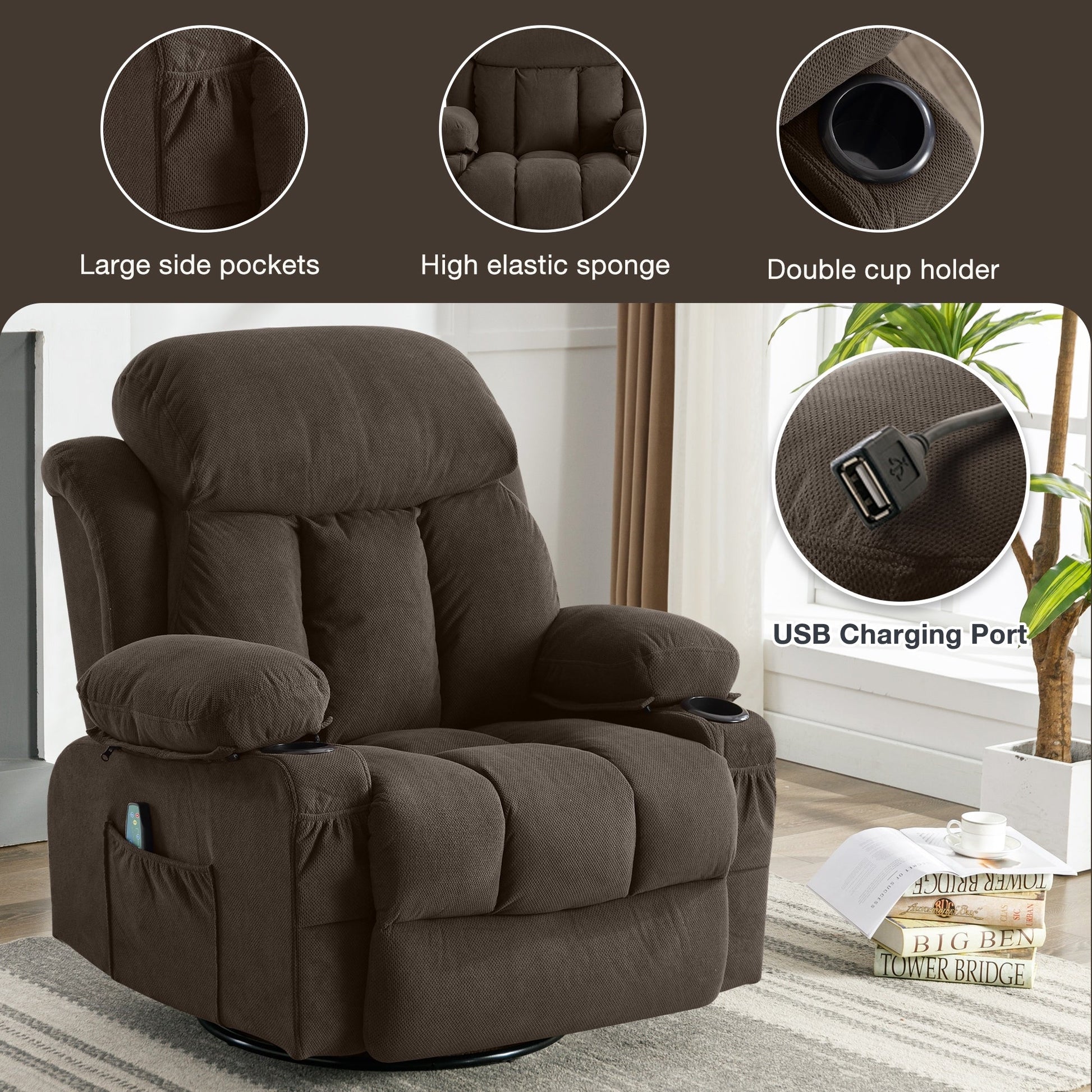 Fauteuil inclinable chauffant et massant pivotant à 360°, avec prise USB, porte-gobelets, rangement latéral et revêtement en polaire moelleux.