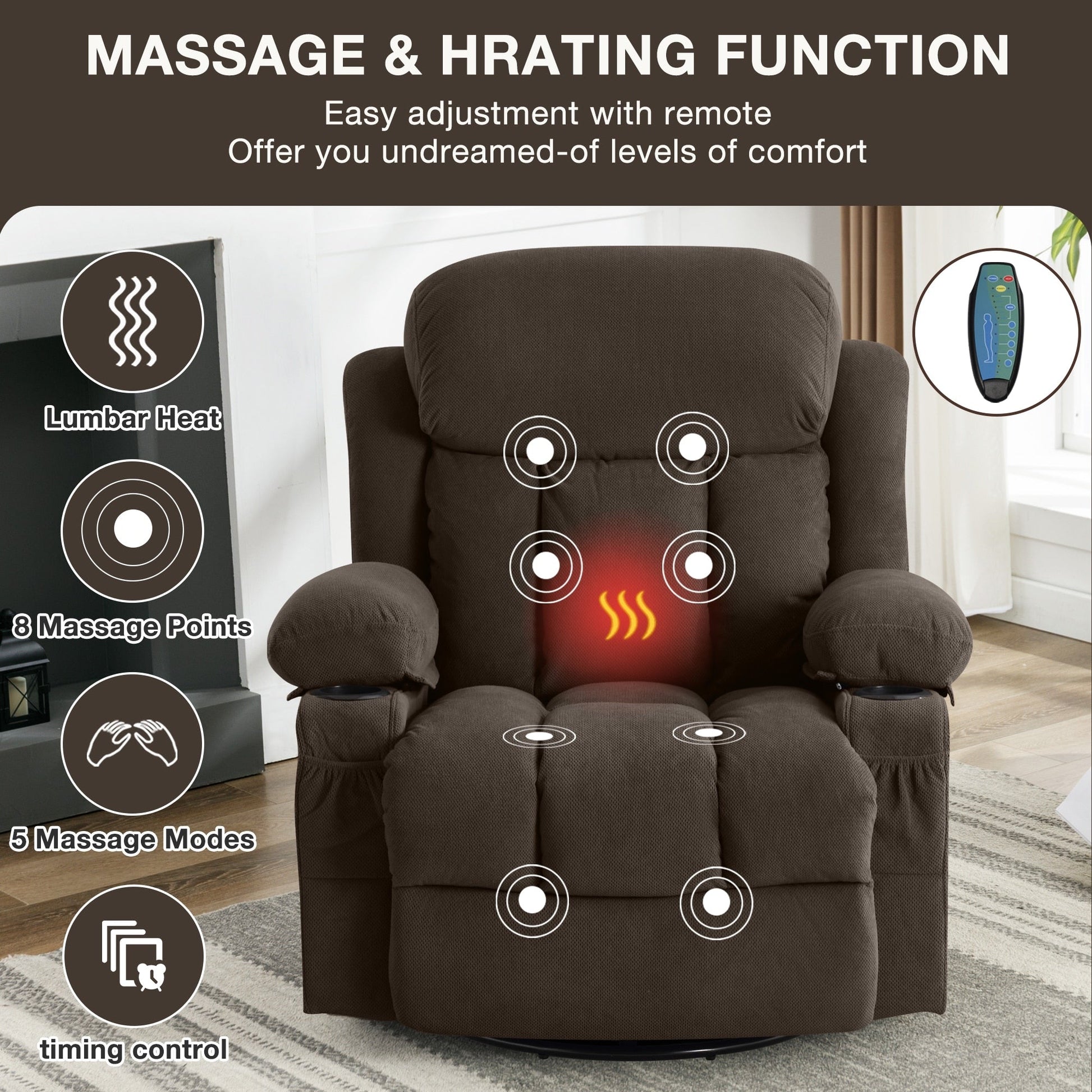 Fauteuil inclinable chauffant et massant pivotant à 360°, avec prise USB, porte-gobelets, rangement latéral et revêtement en polaire moelleux.
