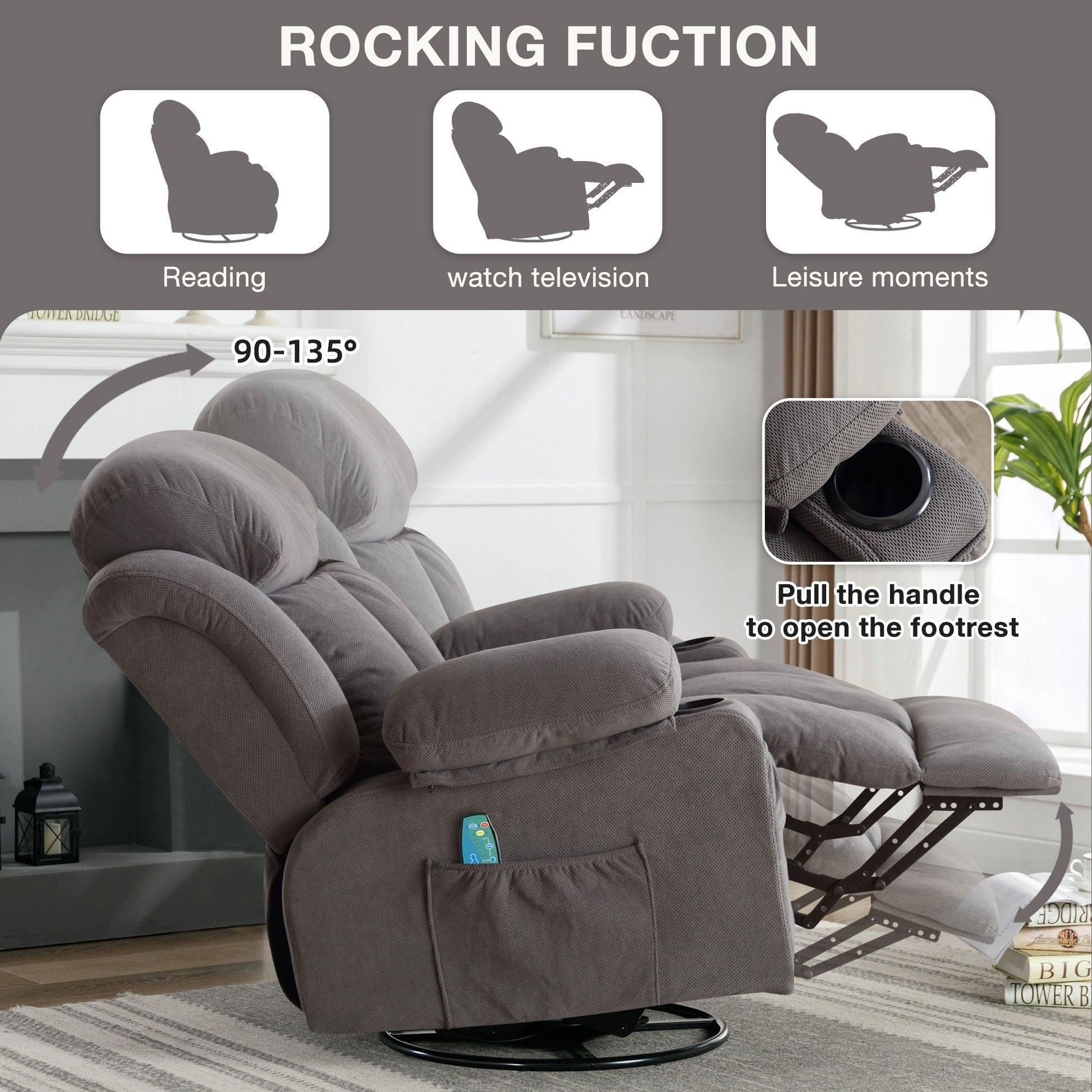 Fauteuil inclinable chauffant et massant pivotant à 360°, avec prise USB, porte-gobelets, rangement latéral et revêtement en polaire moelleux.