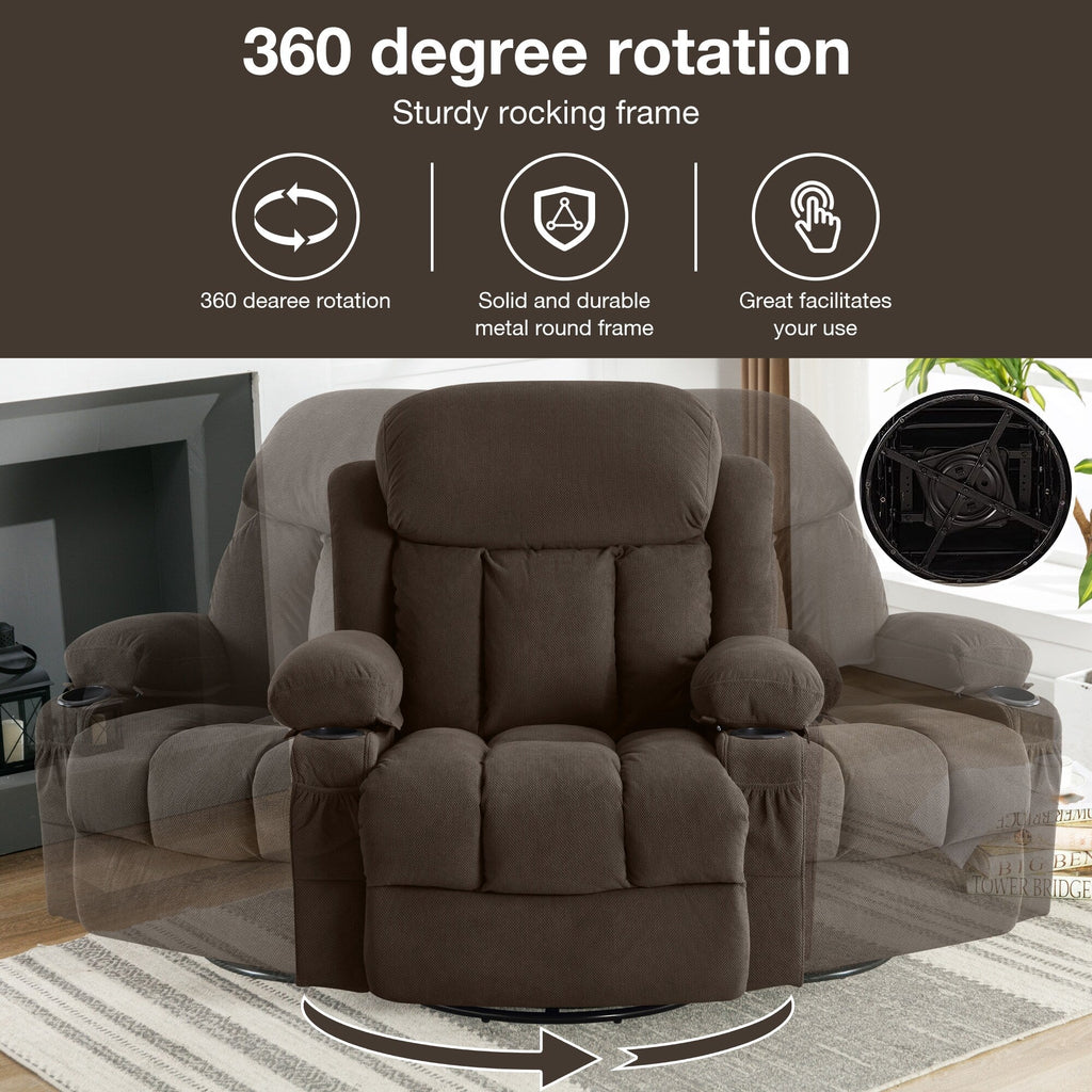 Fauteuil inclinable chauffant et massant pivotant à 360°, avec prise USB, porte-gobelets, rangement latéral et revêtement en polaire moelleux.