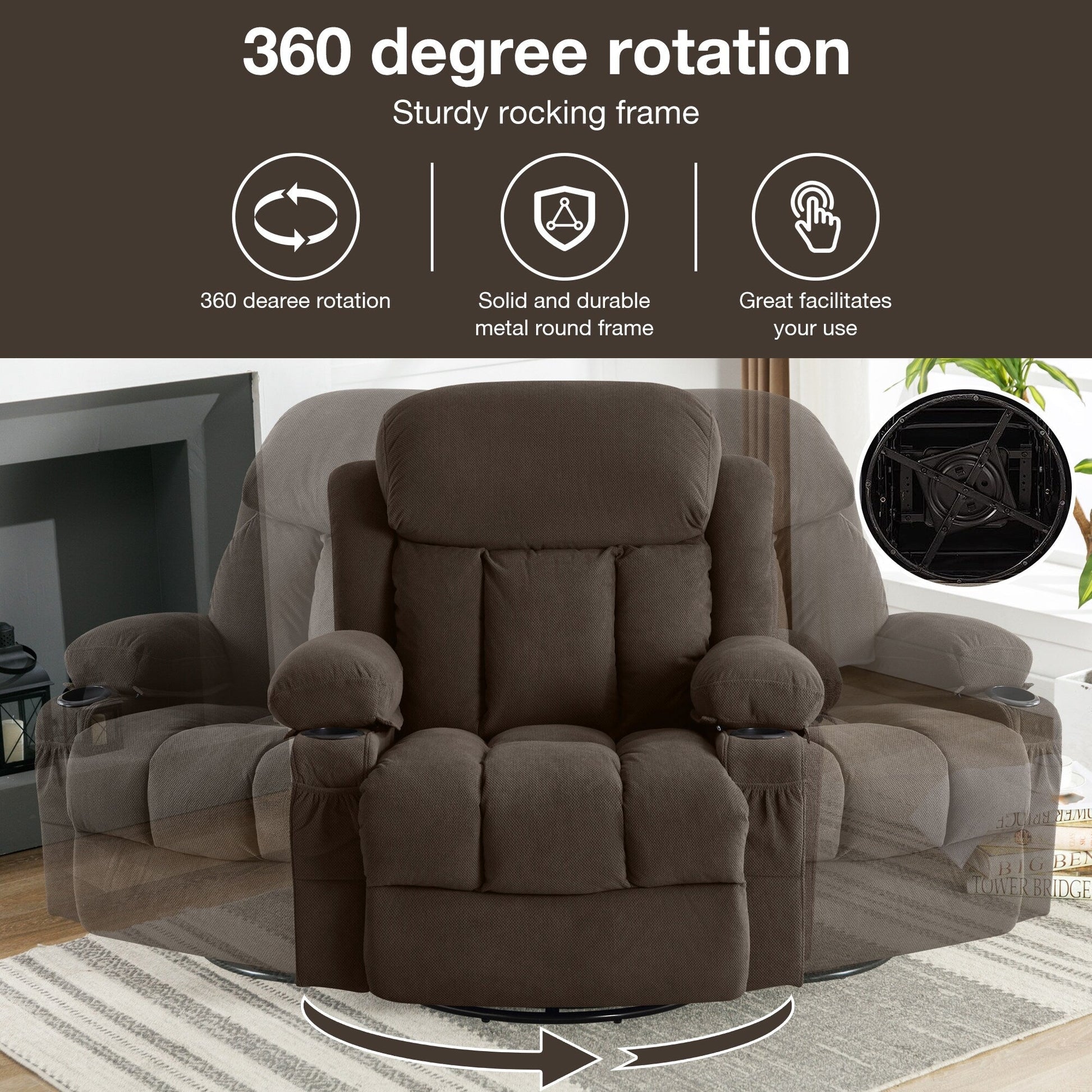 Fauteuil inclinable chauffant et massant pivotant à 360°, avec prise USB, porte-gobelets, rangement latéral et revêtement en polaire moelleux.