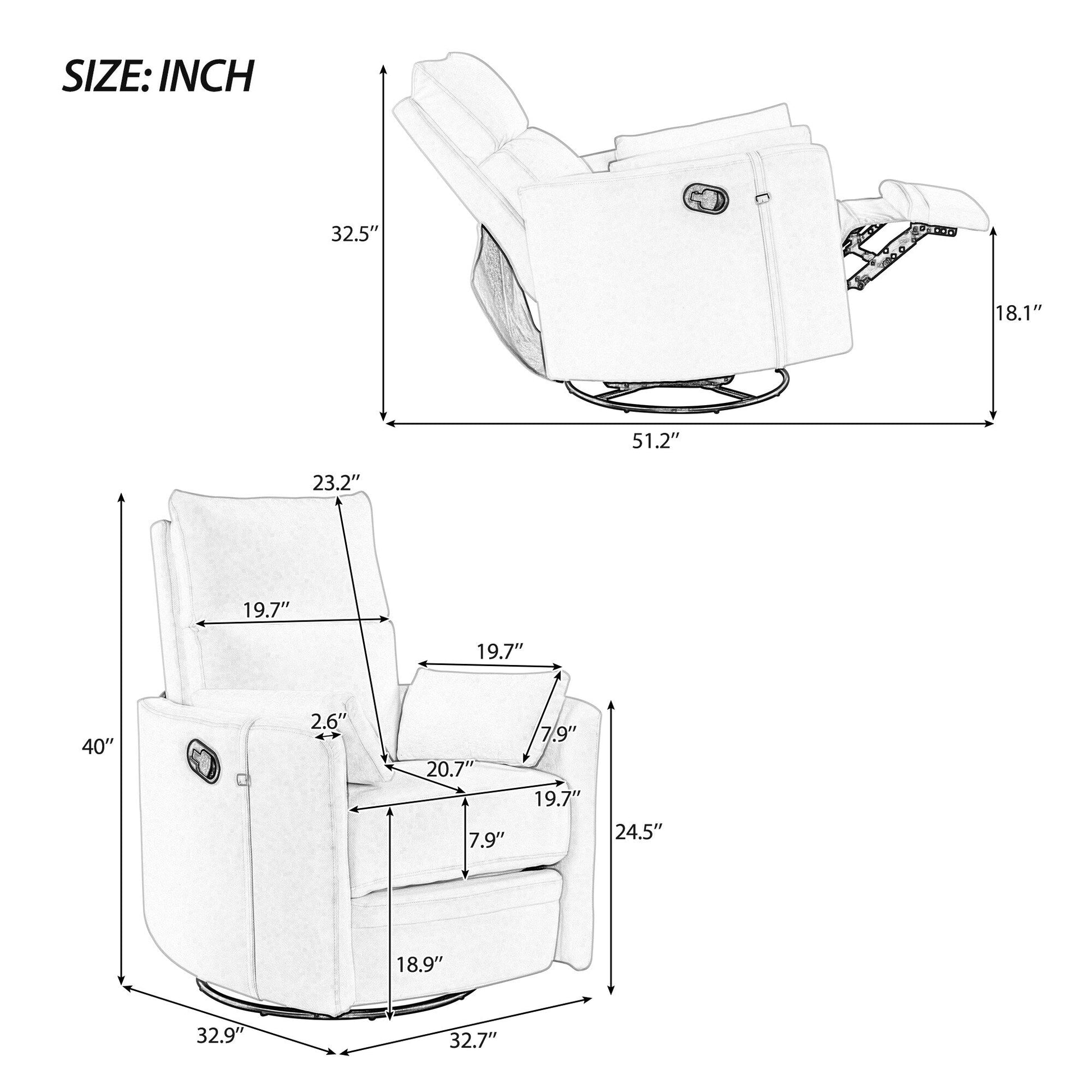Fauteuil inclinable manuel pivotant à 360° avec fonction basculante, dossier réglable et accoudoirs ergonomiques.