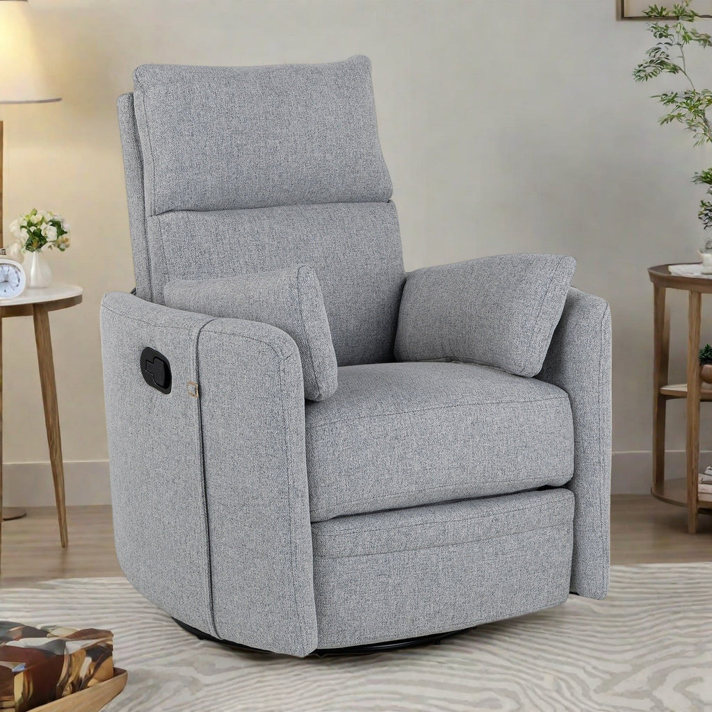 Fauteuil inclinable manuel pivotant à 360° avec fonction basculante, dossier réglable et accoudoirs ergonomiques.