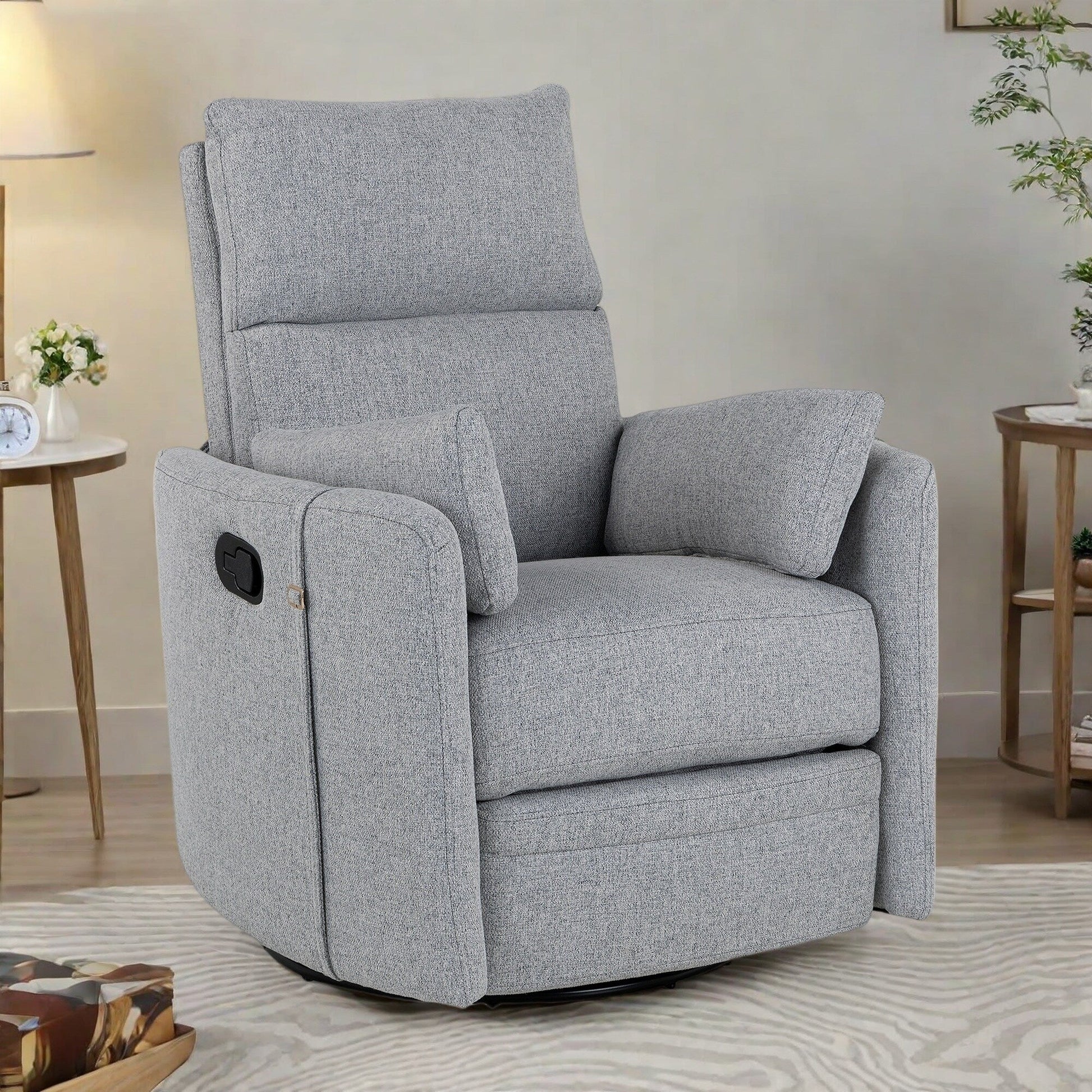 Fauteuil inclinable manuel pivotant à 360° avec fonction basculante, dossier réglable et accoudoirs ergonomiques.