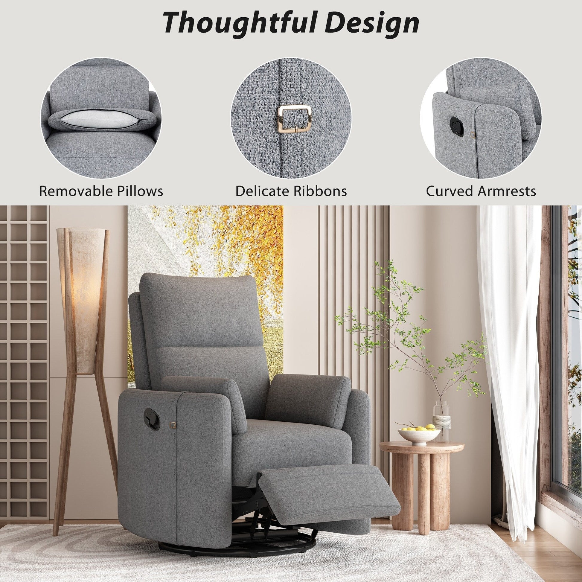 Fauteuil inclinable manuel pivotant à 360° avec fonction basculante, dossier réglable et accoudoirs ergonomiques.