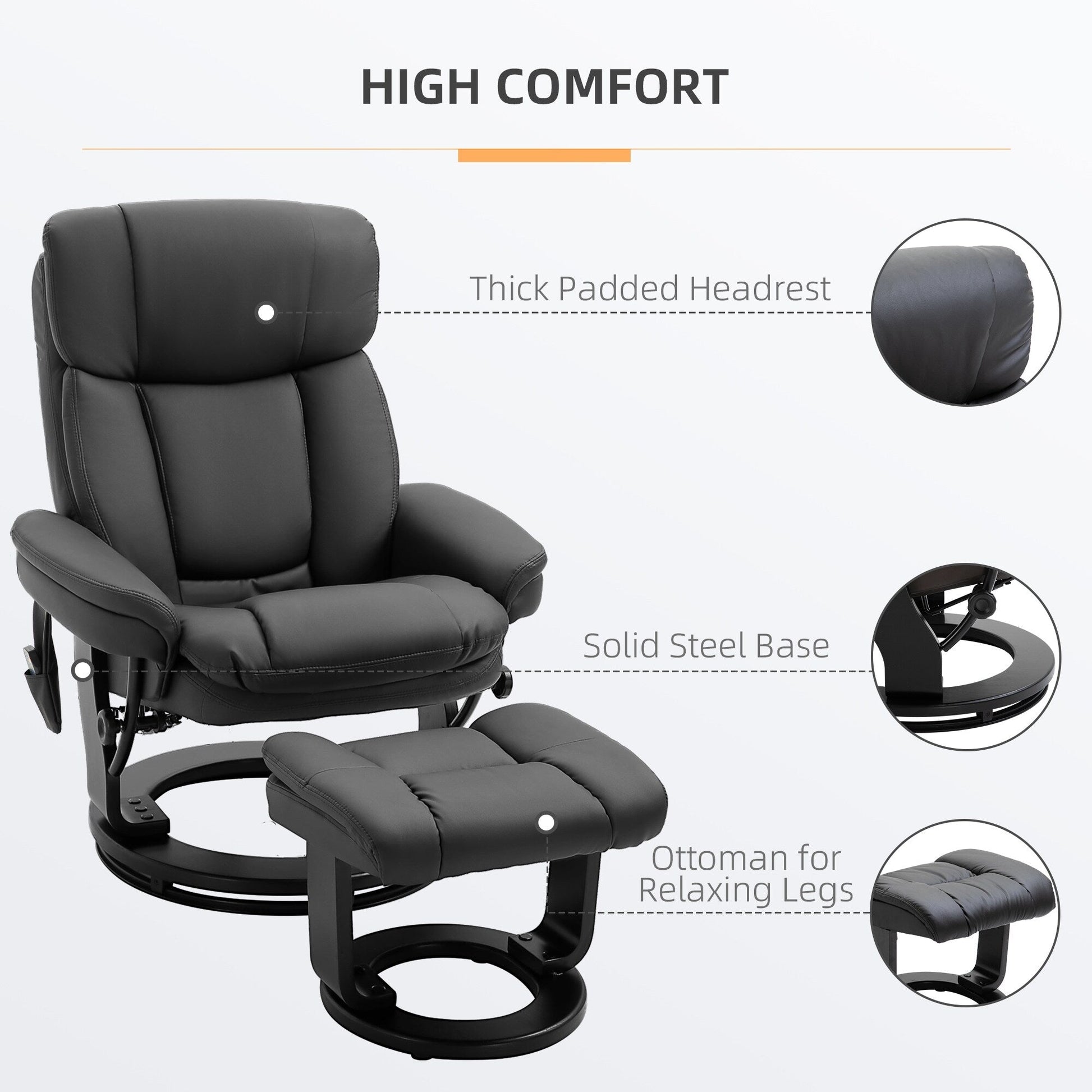 Fauteuil inclinable à massage pivotant à 360°, en cuir PU, pour salon, avec repose-pieds et télécommande.