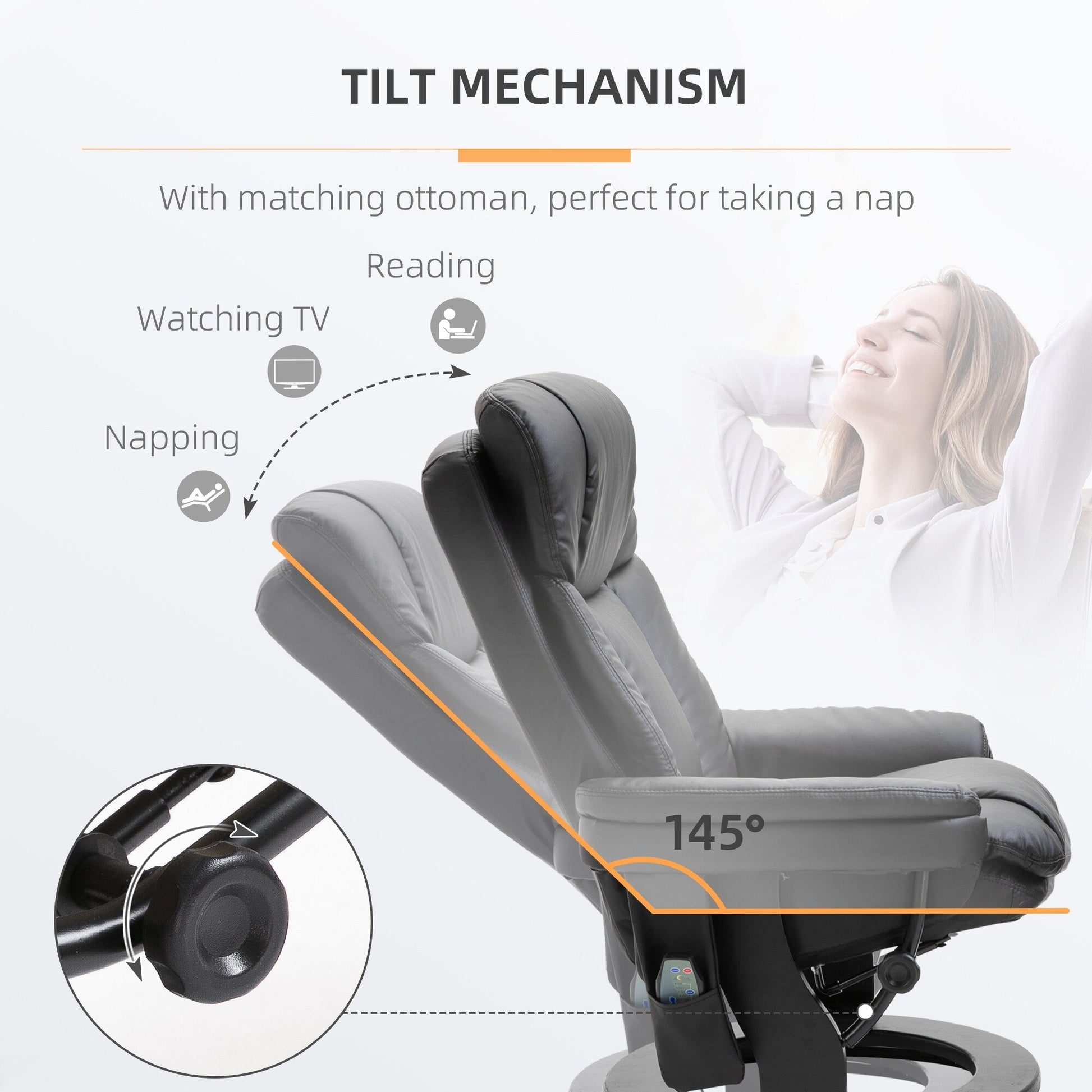 Fauteuil inclinable à massage pivotant à 360°, en cuir PU, pour salon, avec repose-pieds et télécommande.