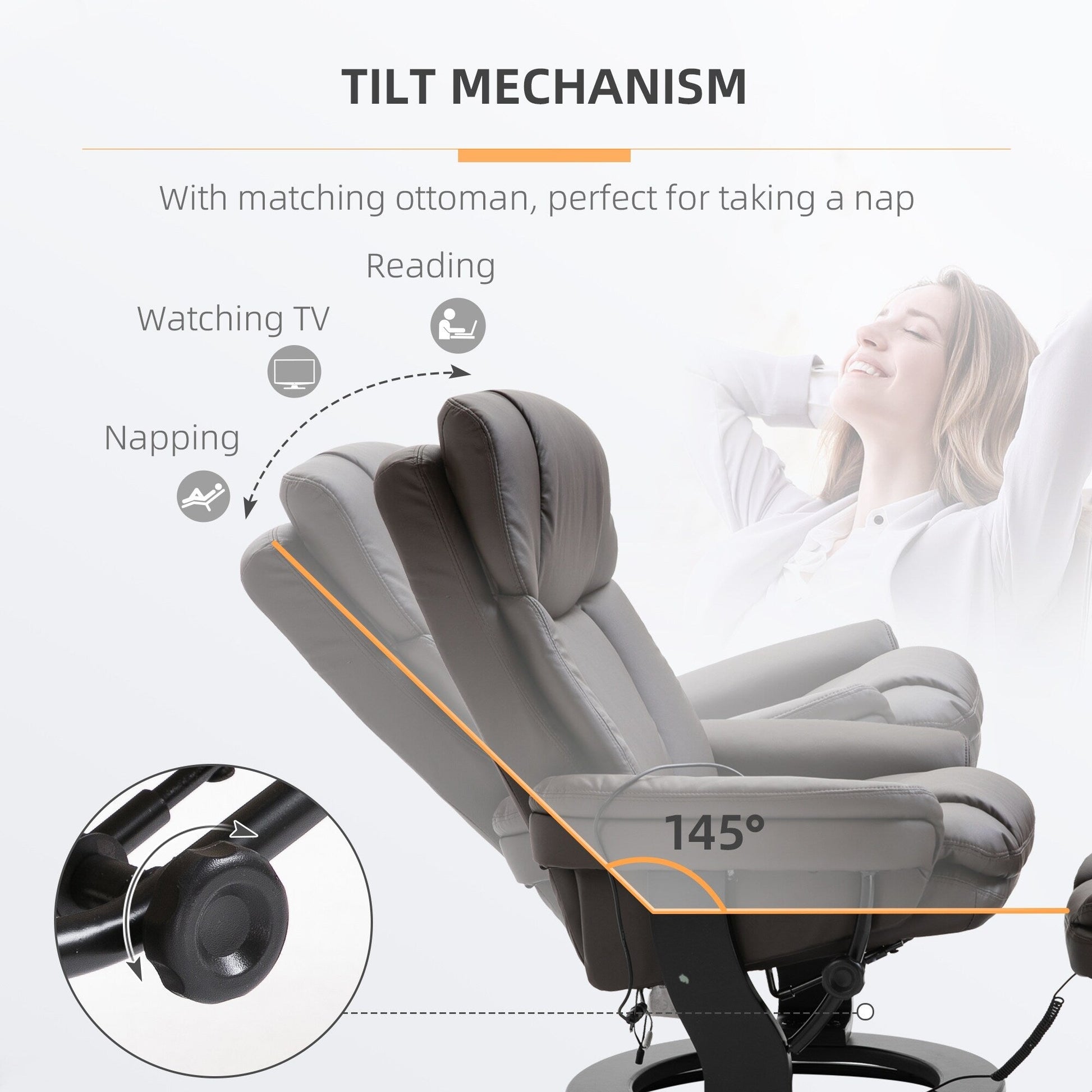 Fauteuil inclinable à massage pivotant à 360°, en cuir PU, pour salon, avec repose-pieds et télécommande.