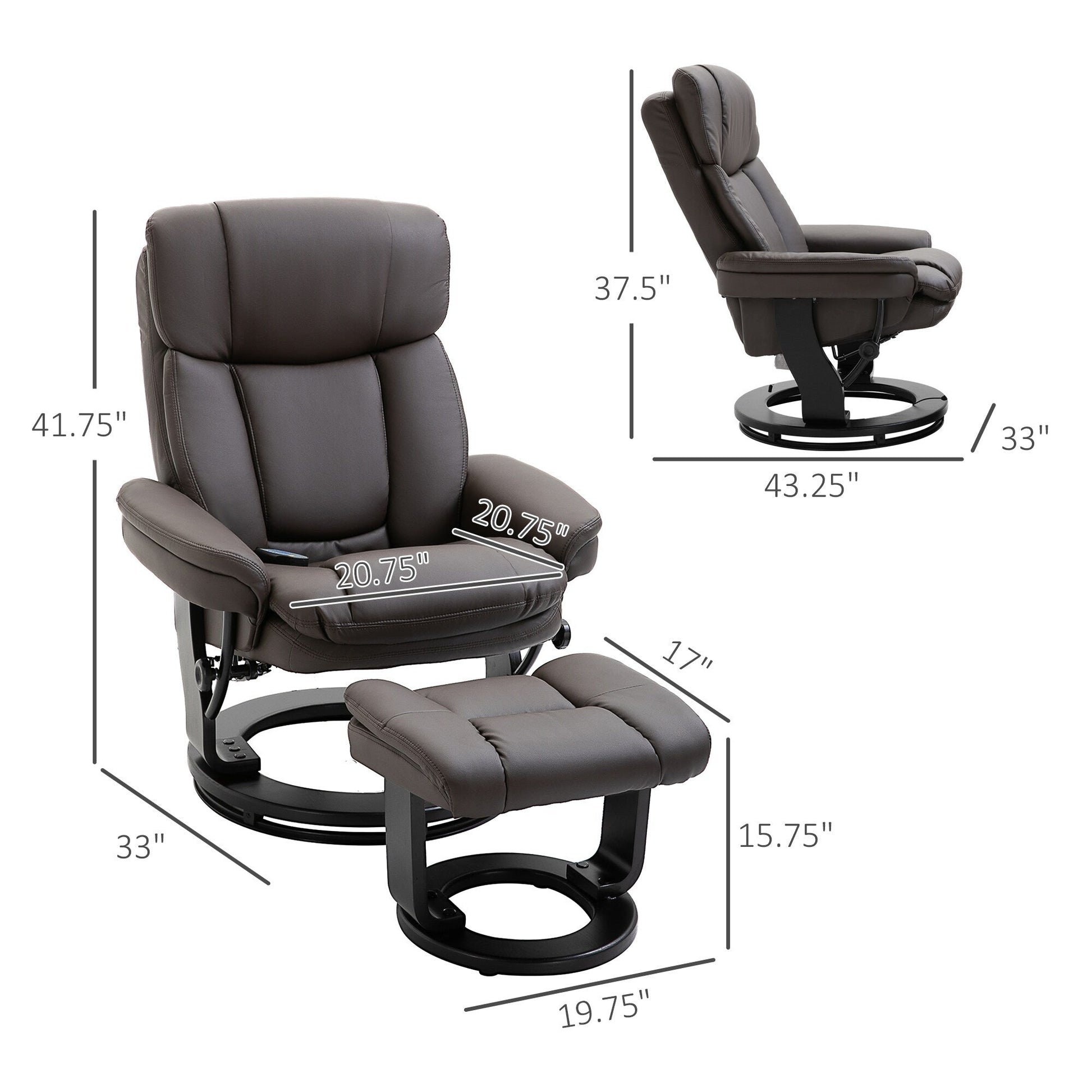 Fauteuil inclinable à massage pivotant à 360°, en cuir PU, pour salon, avec repose-pieds et télécommande.