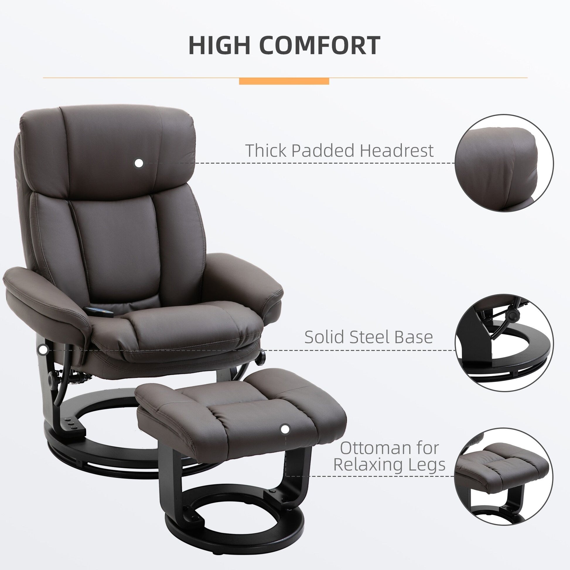 Fauteuil inclinable à massage pivotant à 360°, en cuir PU, pour salon, avec repose-pieds et télécommande.