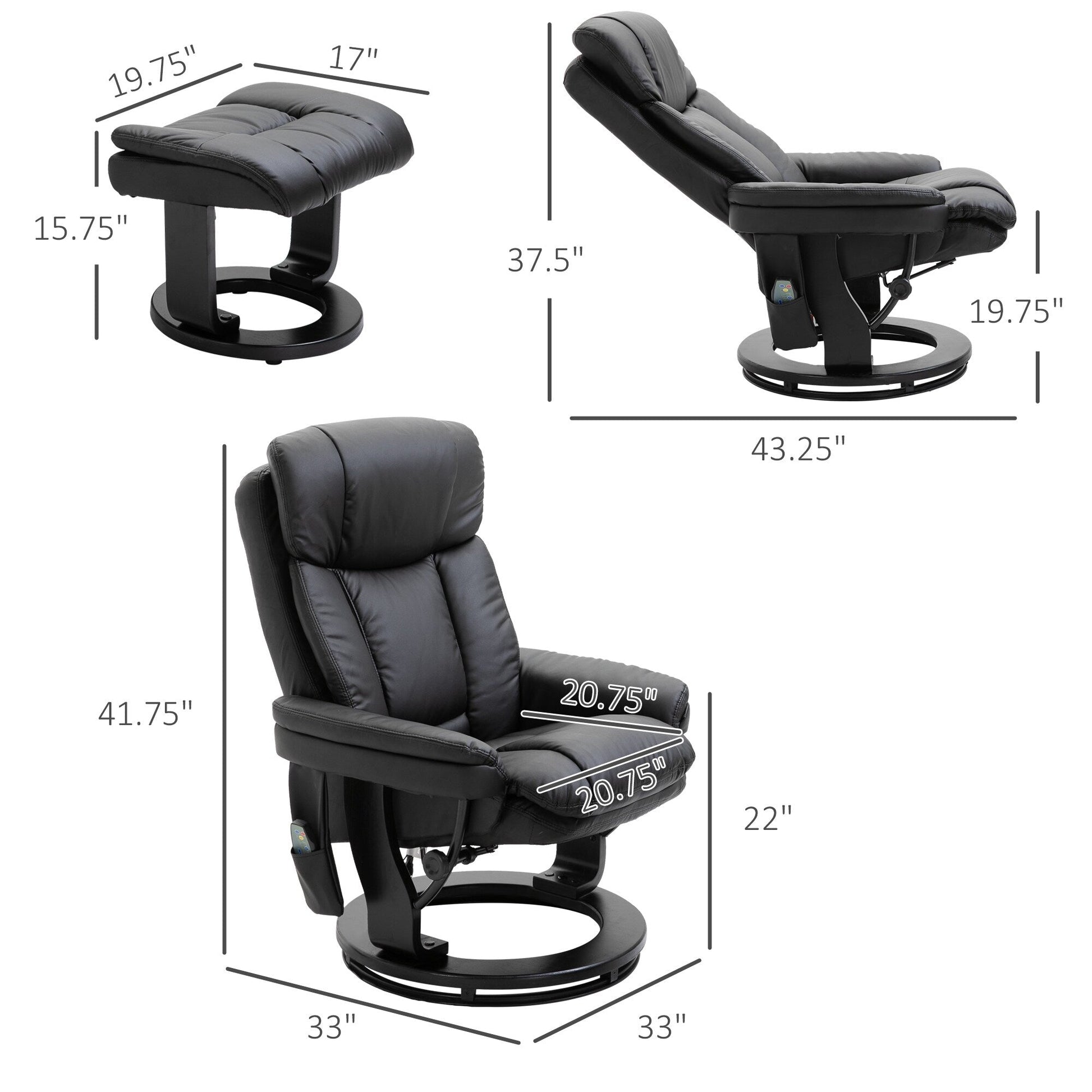 Fauteuil inclinable à massage pivotant à 360°, en cuir PU, pour salon, avec repose-pieds et télécommande.