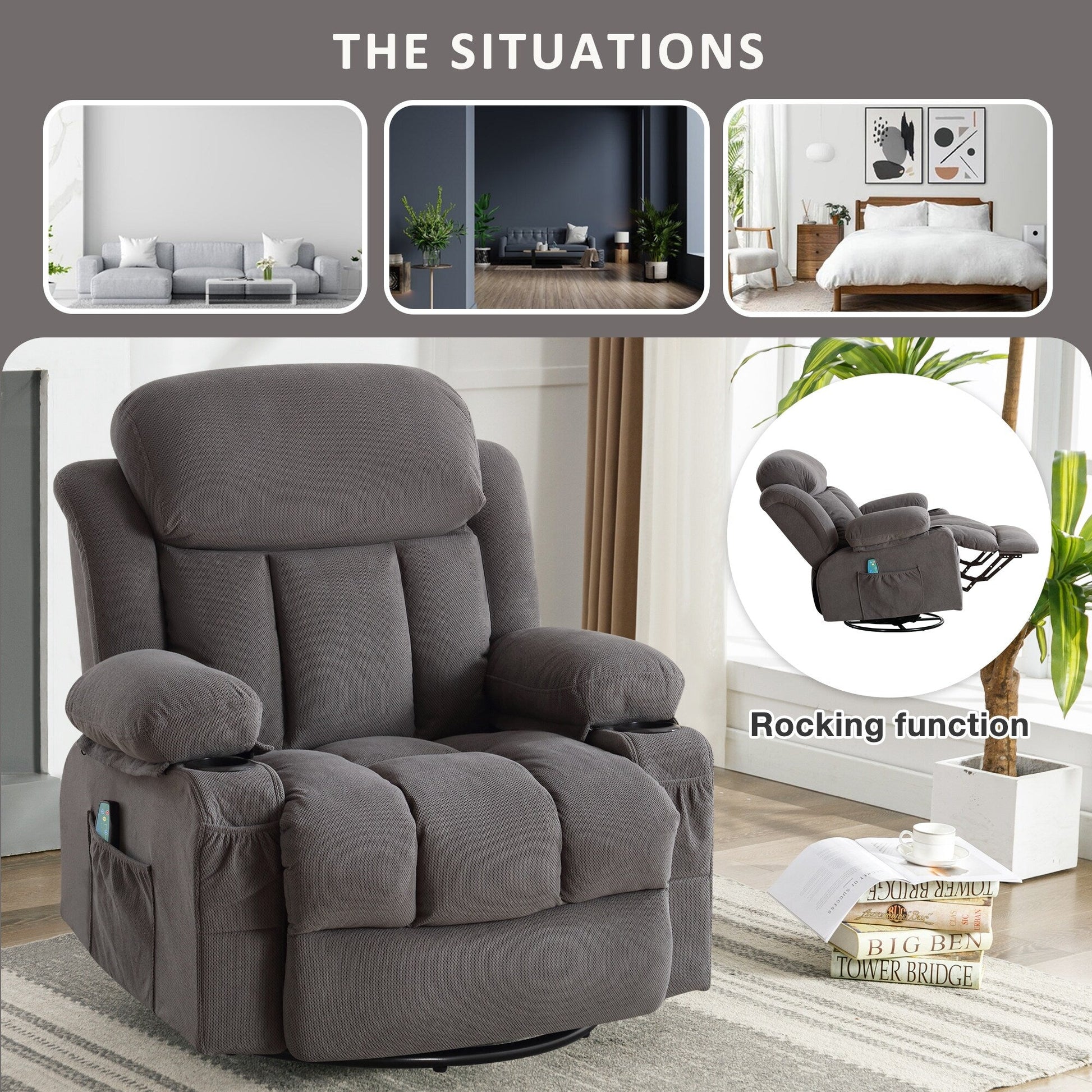 Fauteuil inclinable à massage pivotant à 360° en velours doux avec chauffage, USB, dossier manuel et poches de rangement.