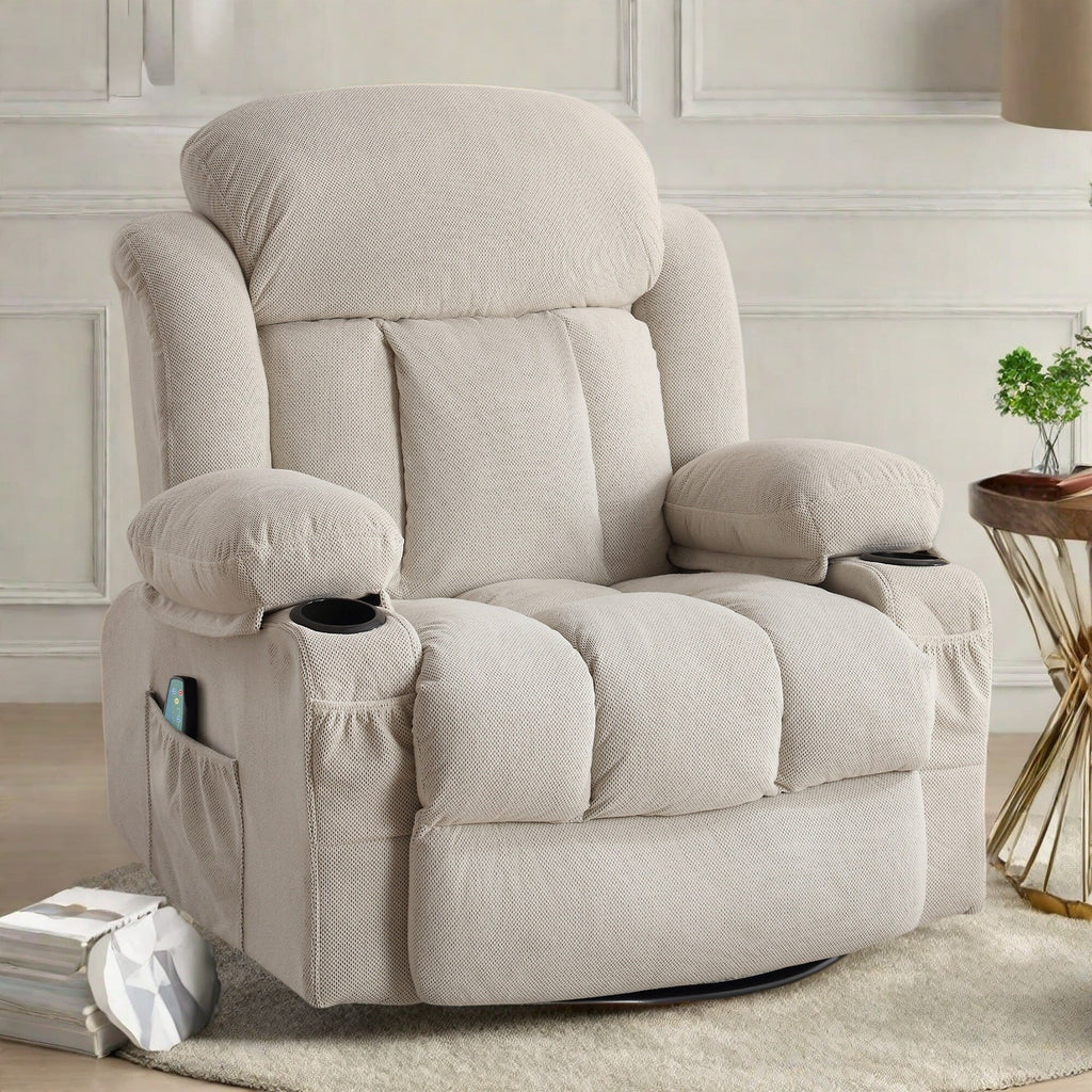Fauteuil inclinable à massage pivotant à 360° en velours doux avec chauffage, USB, dossier manuel et poches de rangement.