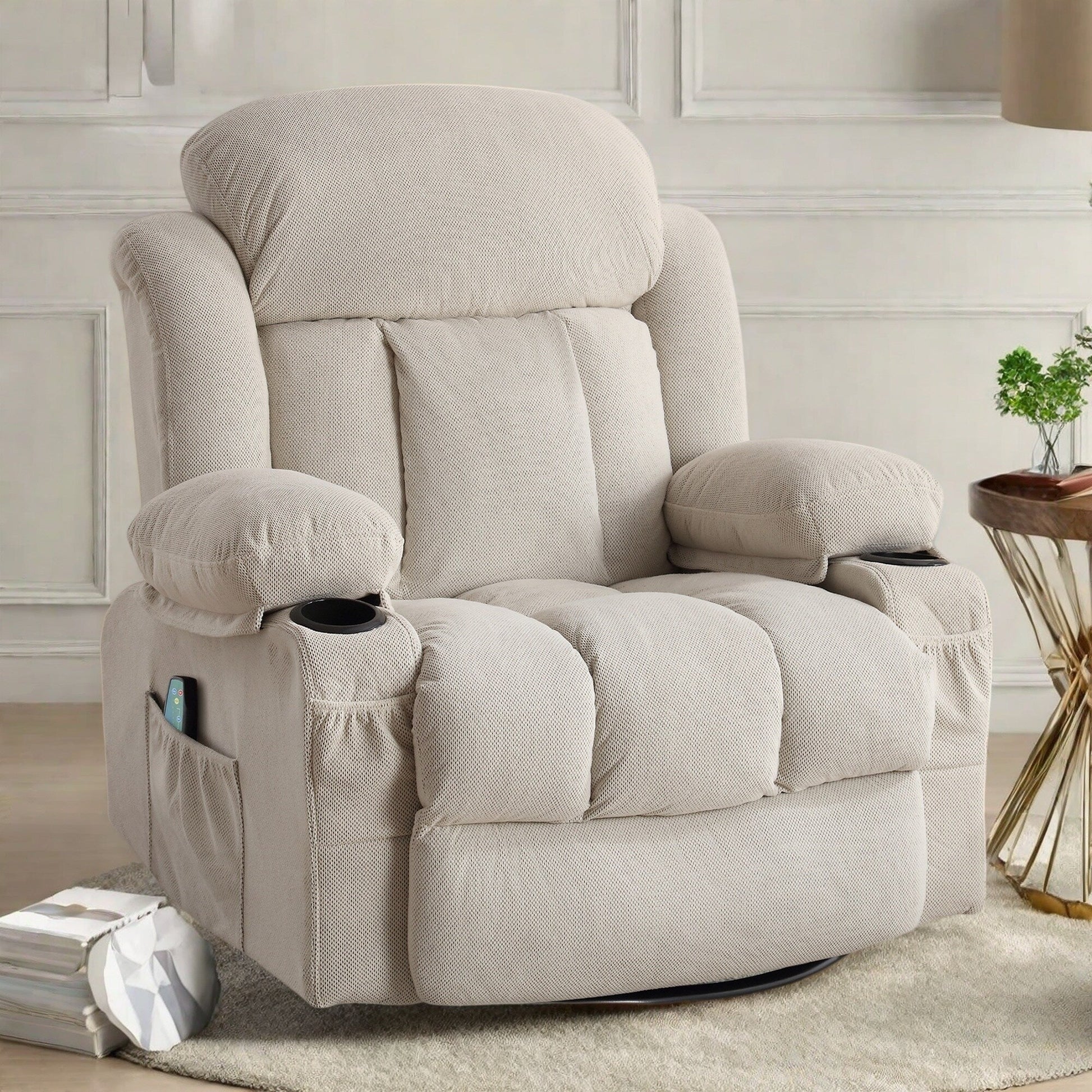 Fauteuil inclinable à massage pivotant à 360° en velours doux avec chauffage, USB, dossier manuel et poches de rangement.