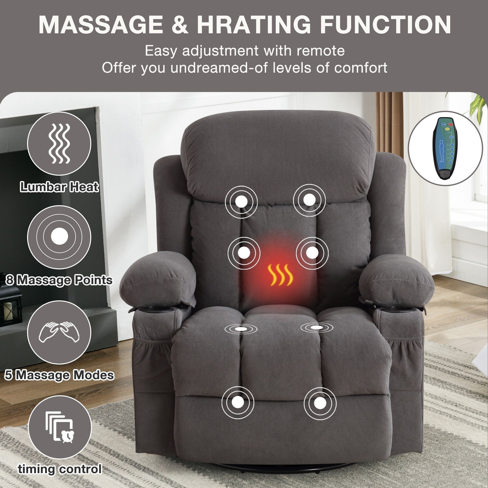 Fauteuil inclinable à massage pivotant à 360° en velours doux avec chauffage, USB, dossier manuel et poches de rangement.