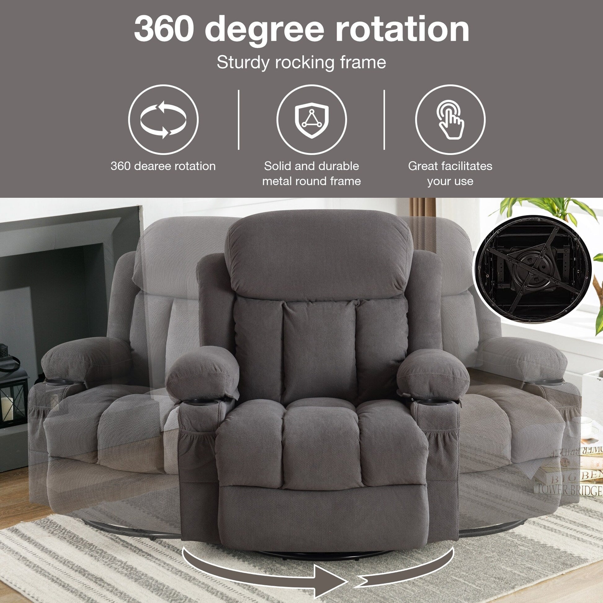 Fauteuil inclinable à massage pivotant à 360° en velours doux avec chauffage, USB, dossier manuel et poches de rangement.