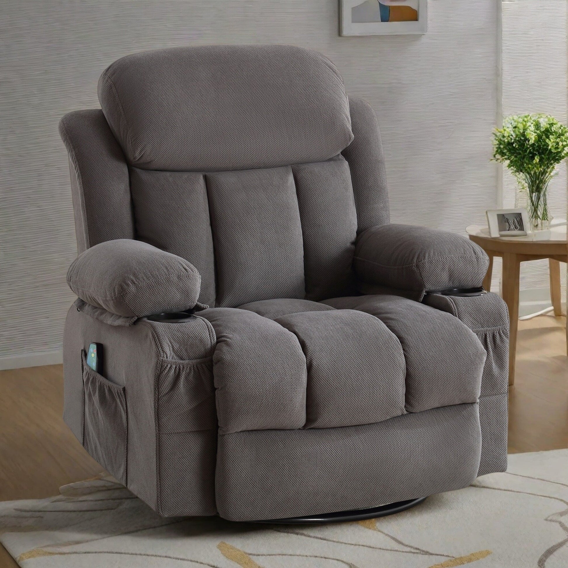 Fauteuil inclinable à massage pivotant à 360° en velours doux avec chauffage, USB, dossier manuel et poches de rangement.