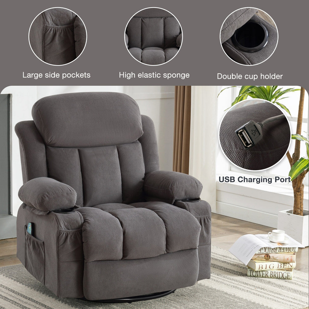 Fauteuil inclinable à massage pivotant à 360° en velours doux avec chauffage, USB, dossier manuel et poches de rangement.