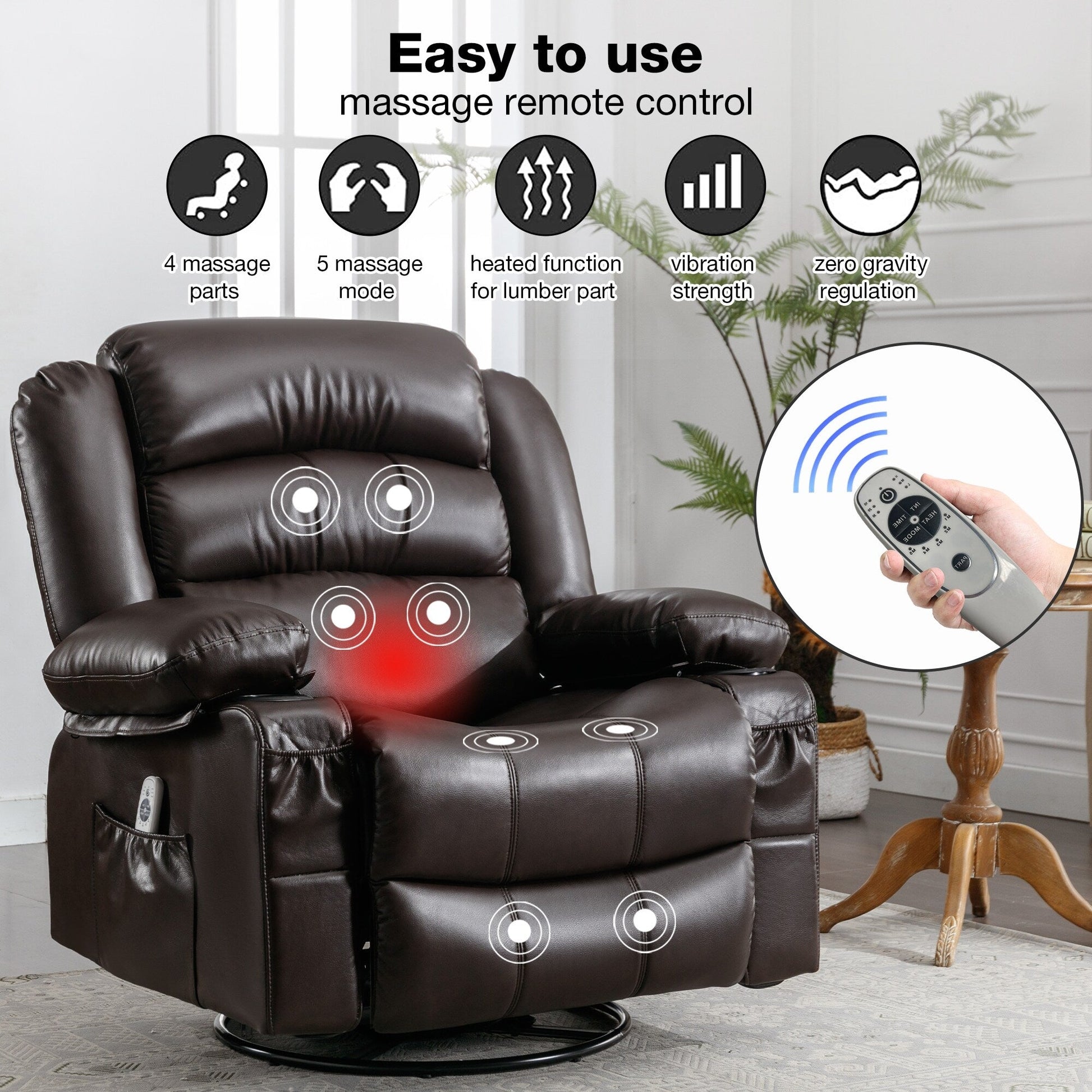 Fauteuil de massage inclinable pivotant à 360°, en cuir PU, avec massage à 8 points et USB