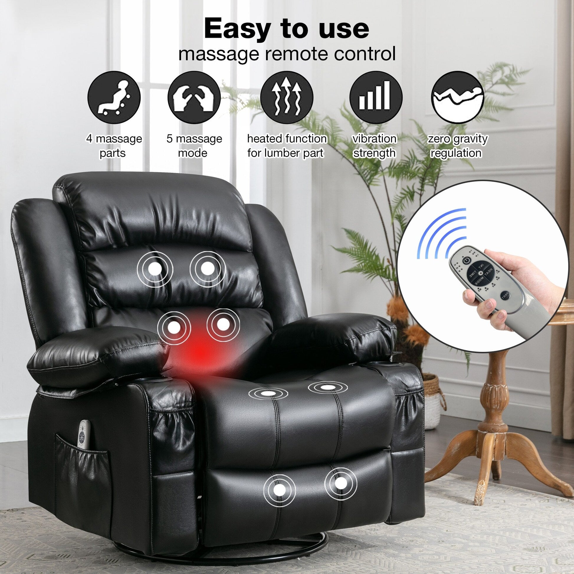 Fauteuil de massage inclinable pivotant à 360°, en cuir PU, avec massage à 8 points et USB
