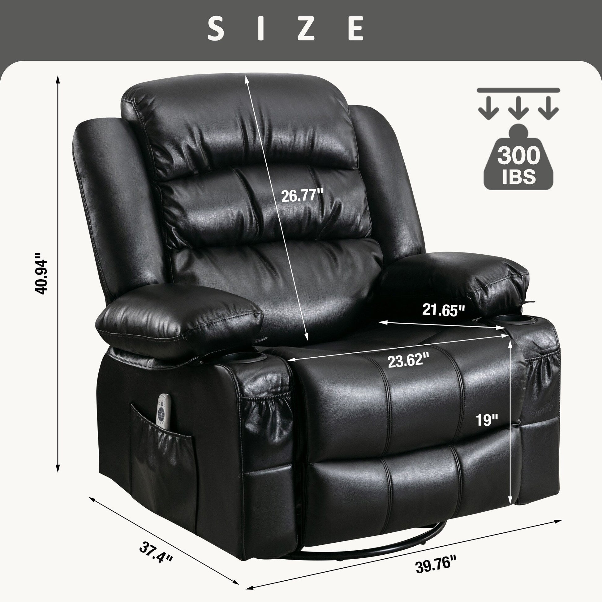 Fauteuil de massage inclinable pivotant à 360°, en cuir PU, avec massage à 8 points et USB