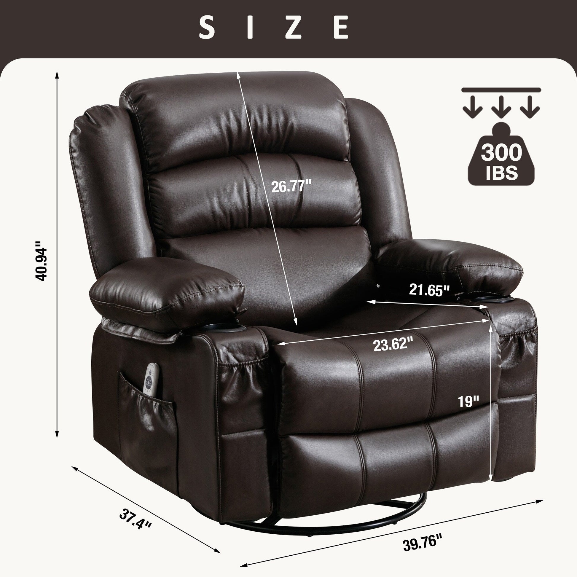 Fauteuil de massage inclinable pivotant à 360°, en cuir PU, avec massage à 8 points et USB
