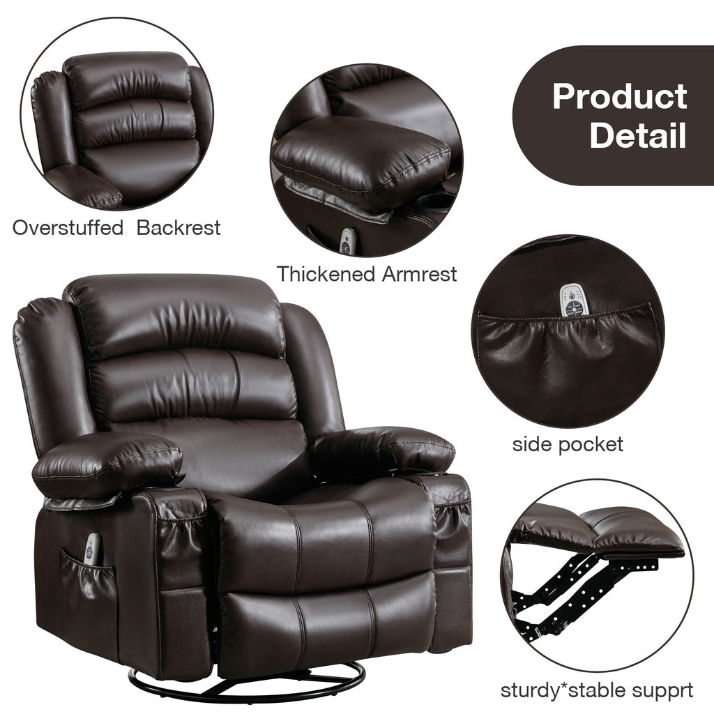 Fauteuil de massage inclinable pivotant à 360°, en cuir PU, avec massage à 8 points et USB