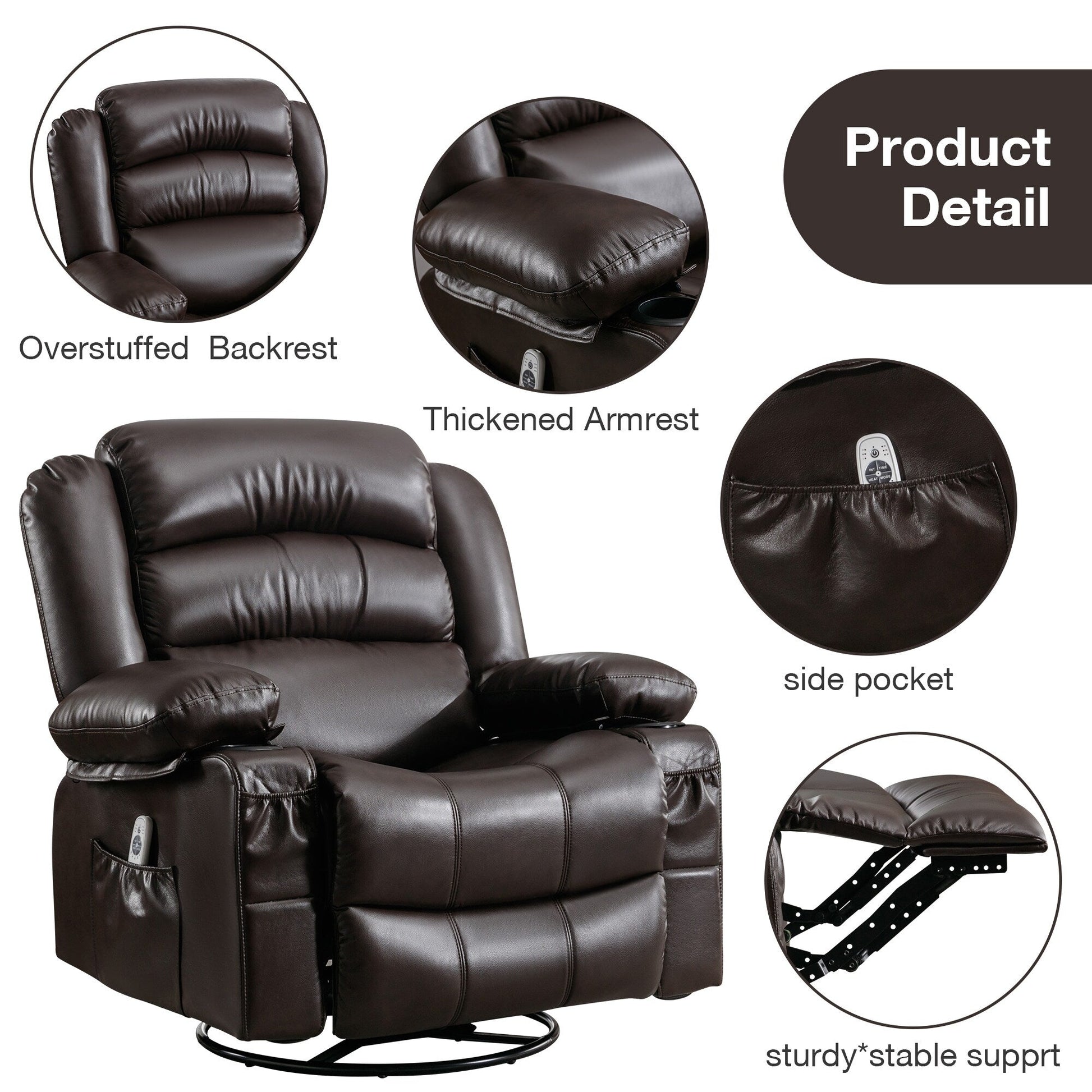 Fauteuil de massage inclinable pivotant à 360°, en cuir PU, avec massage à 8 points et USB