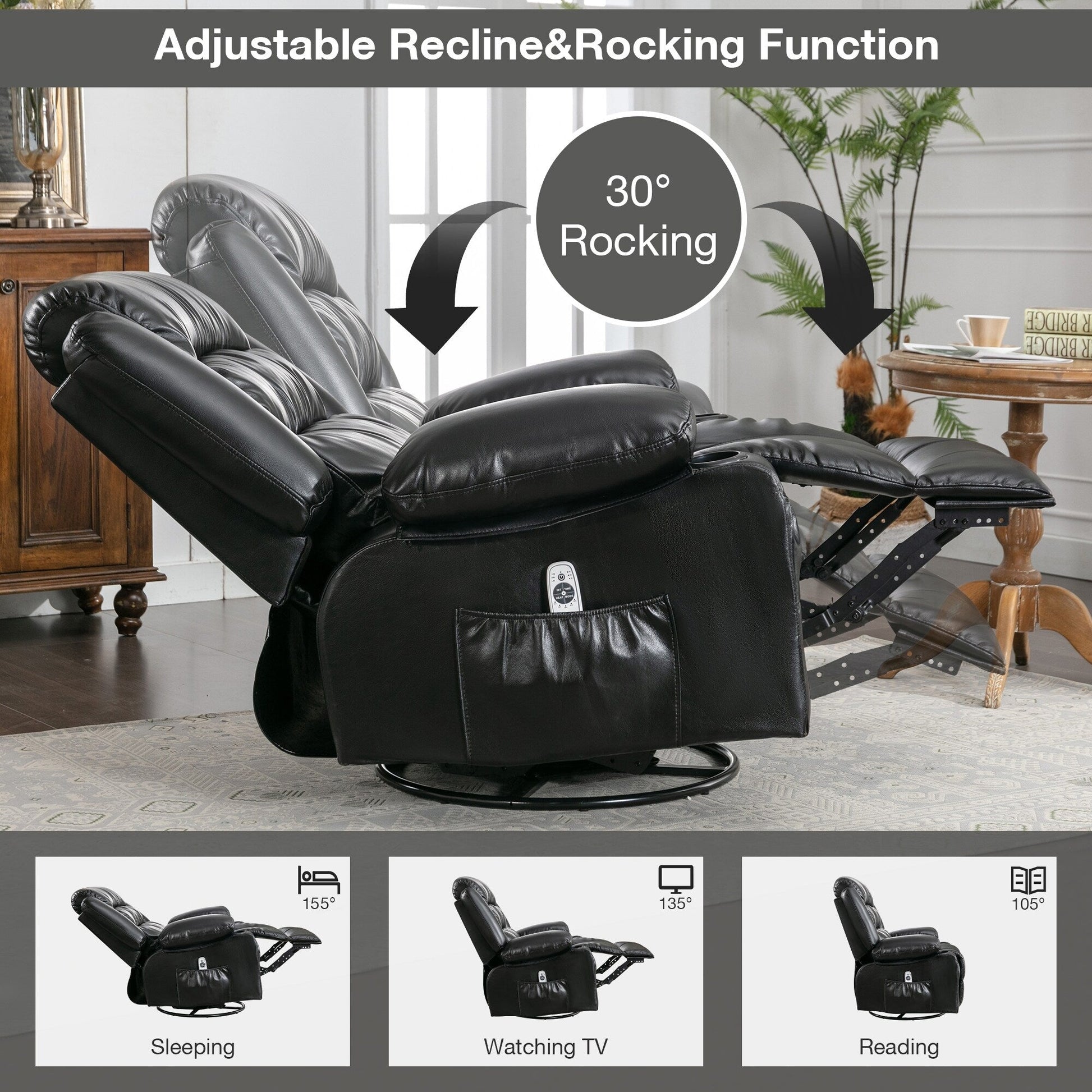 Fauteuil de massage inclinable pivotant à 360°, en cuir PU, avec massage à 8 points et USB
